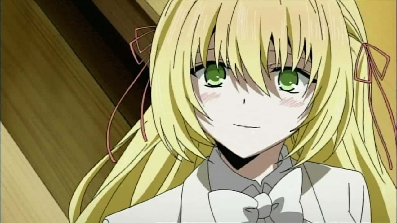 blonde anime girl, green eyes, pink ribbons, HD Desktop Wallpaper