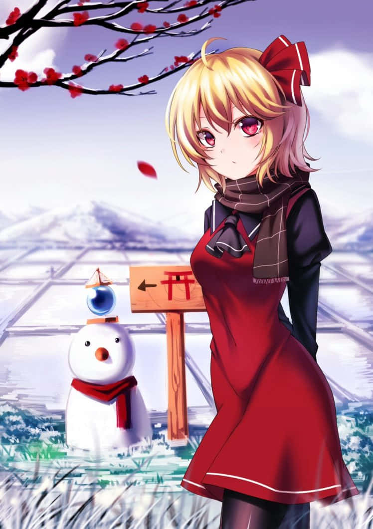 Blonde Anime Girl, red dress, snowman, SD Phone Wallpaper
