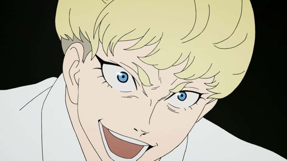 blonde anime character, blue eyes, grinning widely, SD Desktop Wallpaper
