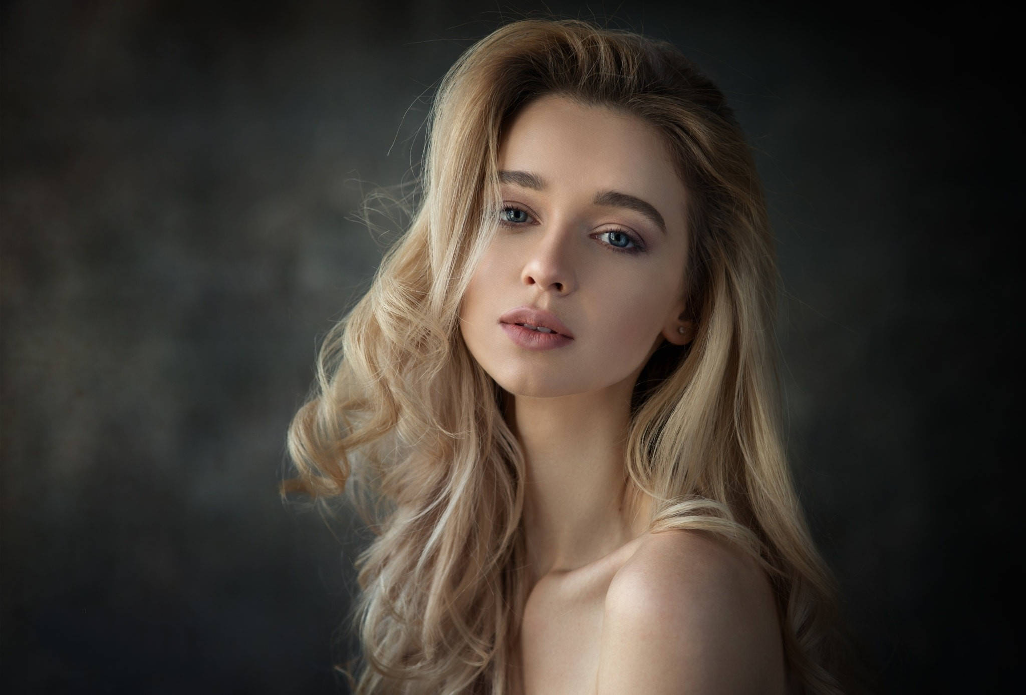 blonde female model, long blonde hair, dark textured backdrop, Full HD Desktop Wallpaper