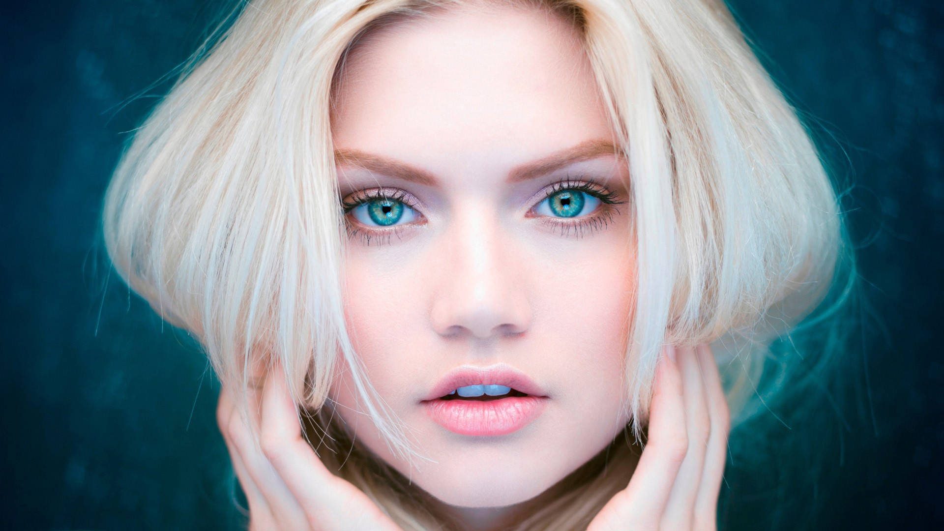 blonde female model, teal, blue eyes, Full HD Desktop Wallpaper