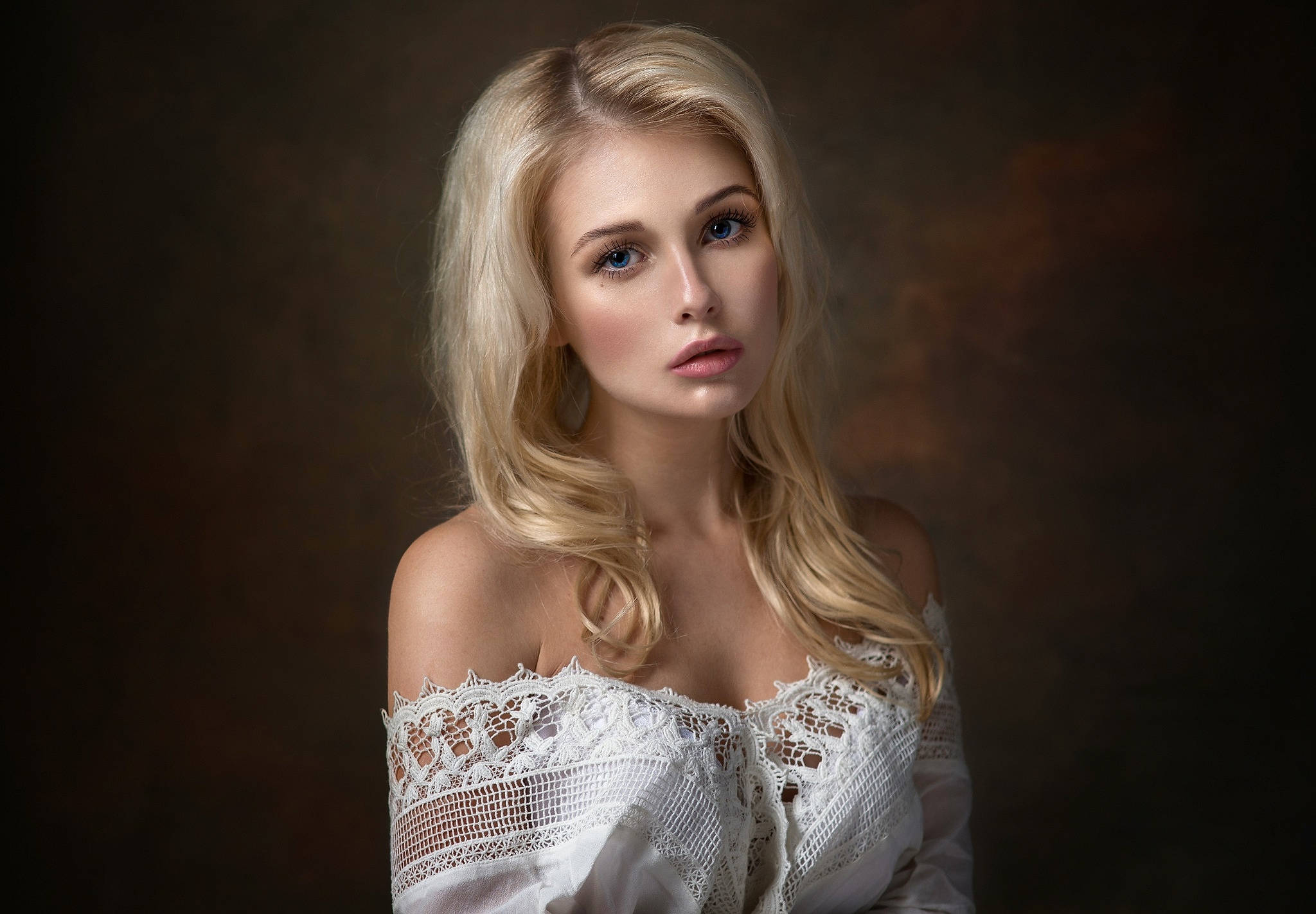 blonde female model, blue eyes, white lace off-shoulder top, Full HD Desktop Wallpaper
