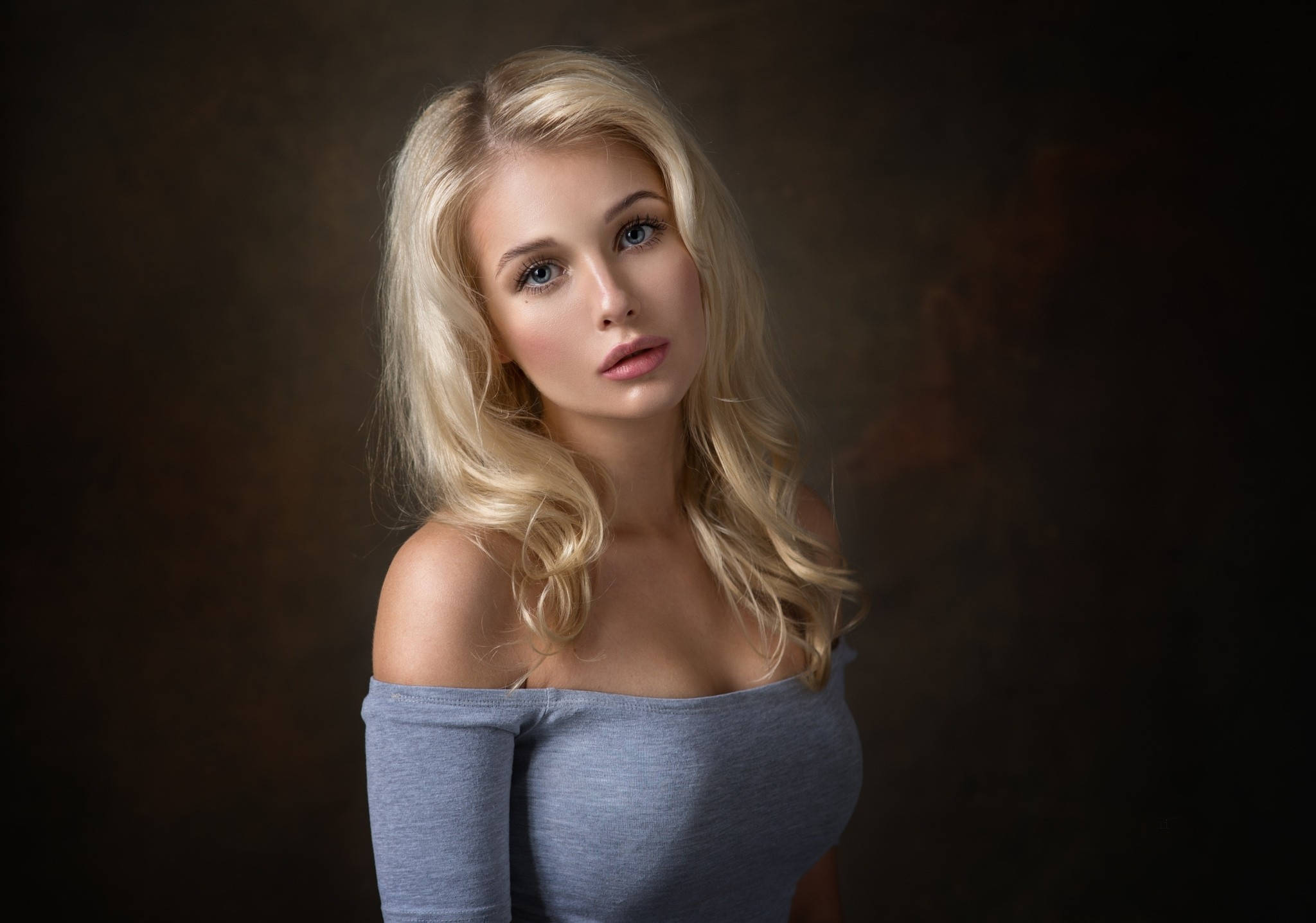 blonde female model, blue eyes, gray off-shoulder top, Full HD Desktop Wallpaper
