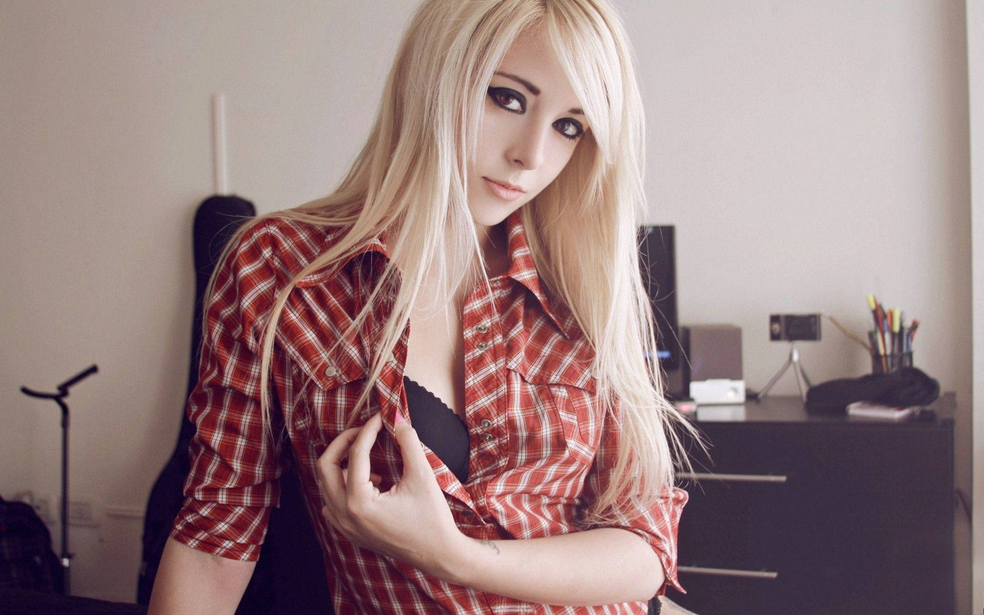 blonde woman, red plaid shirt, softly lit bedroom, Full HD Desktop Wallpaper