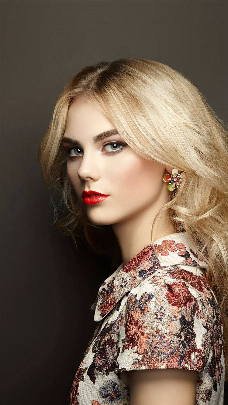 blonde woman, floral blouse, bold red lips, HD Phone Wallpaper