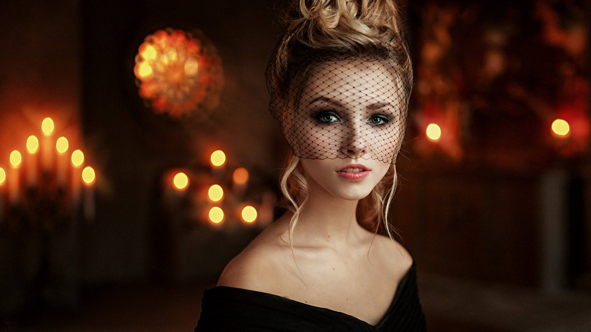 blonde female model, black net veil, dimly lit room, Full HD Desktop Wallpaper