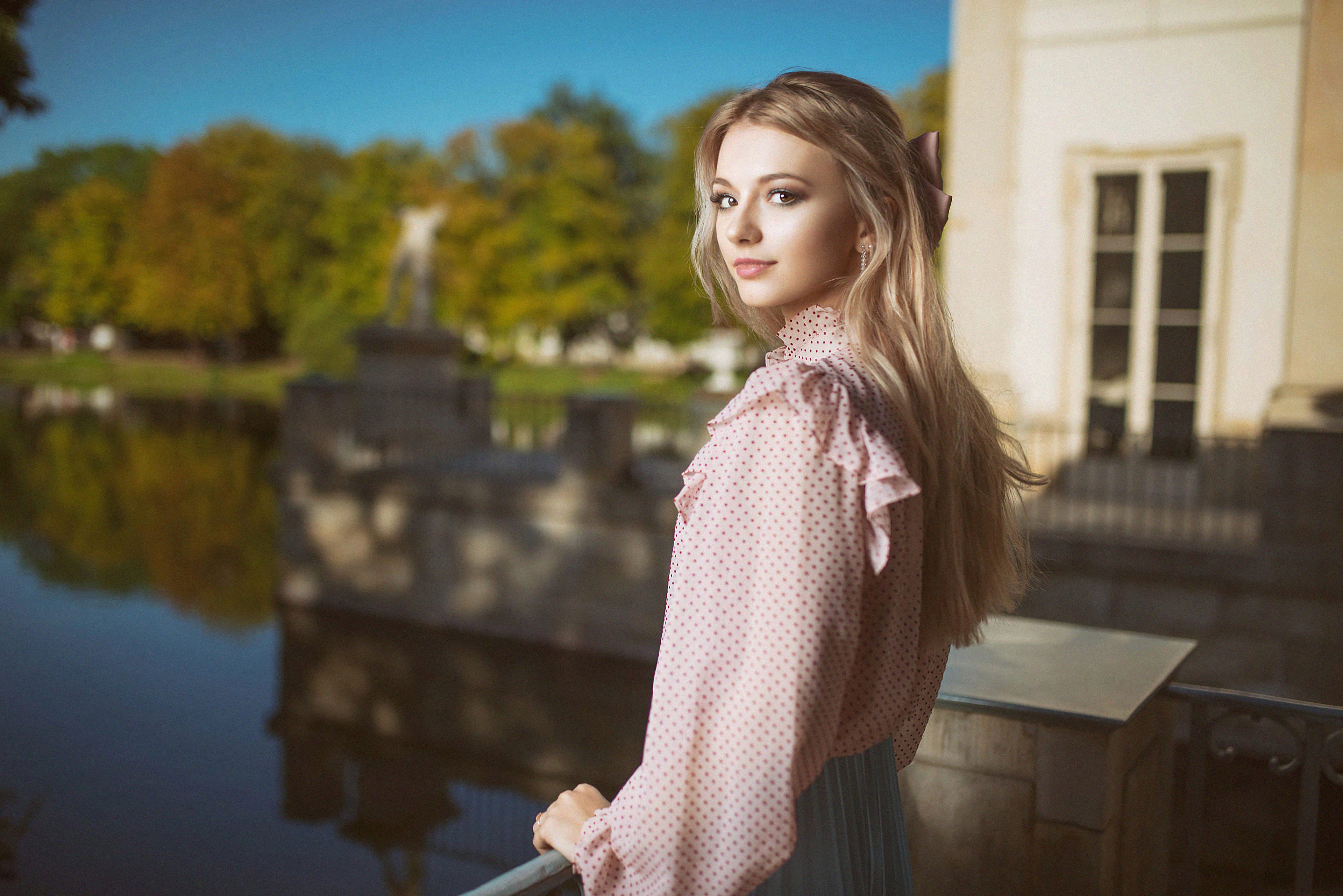 pink polka-dot blouse, calm pond, autumn trees, 4K Desktop Wallpaper