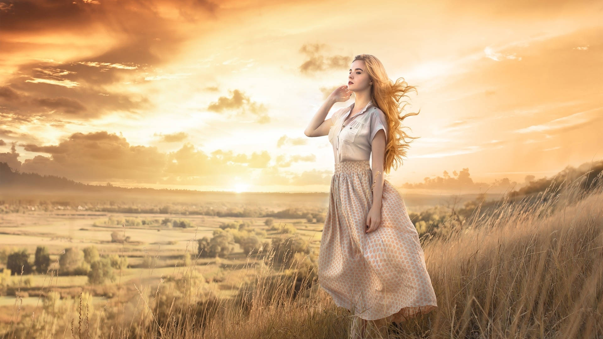 blonde hair, golden field, sunset, Full HD Desktop Wallpaper