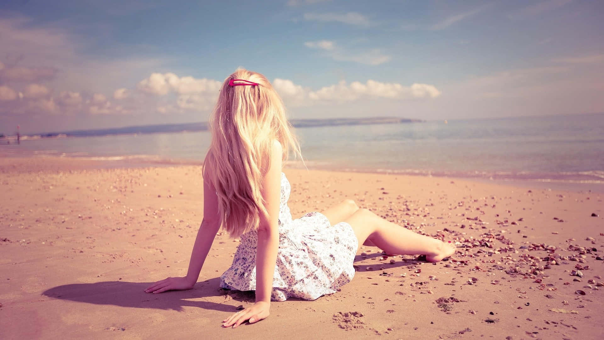 long blonde haired girl, beach, floral dress, Full HD Desktop Wallpaper