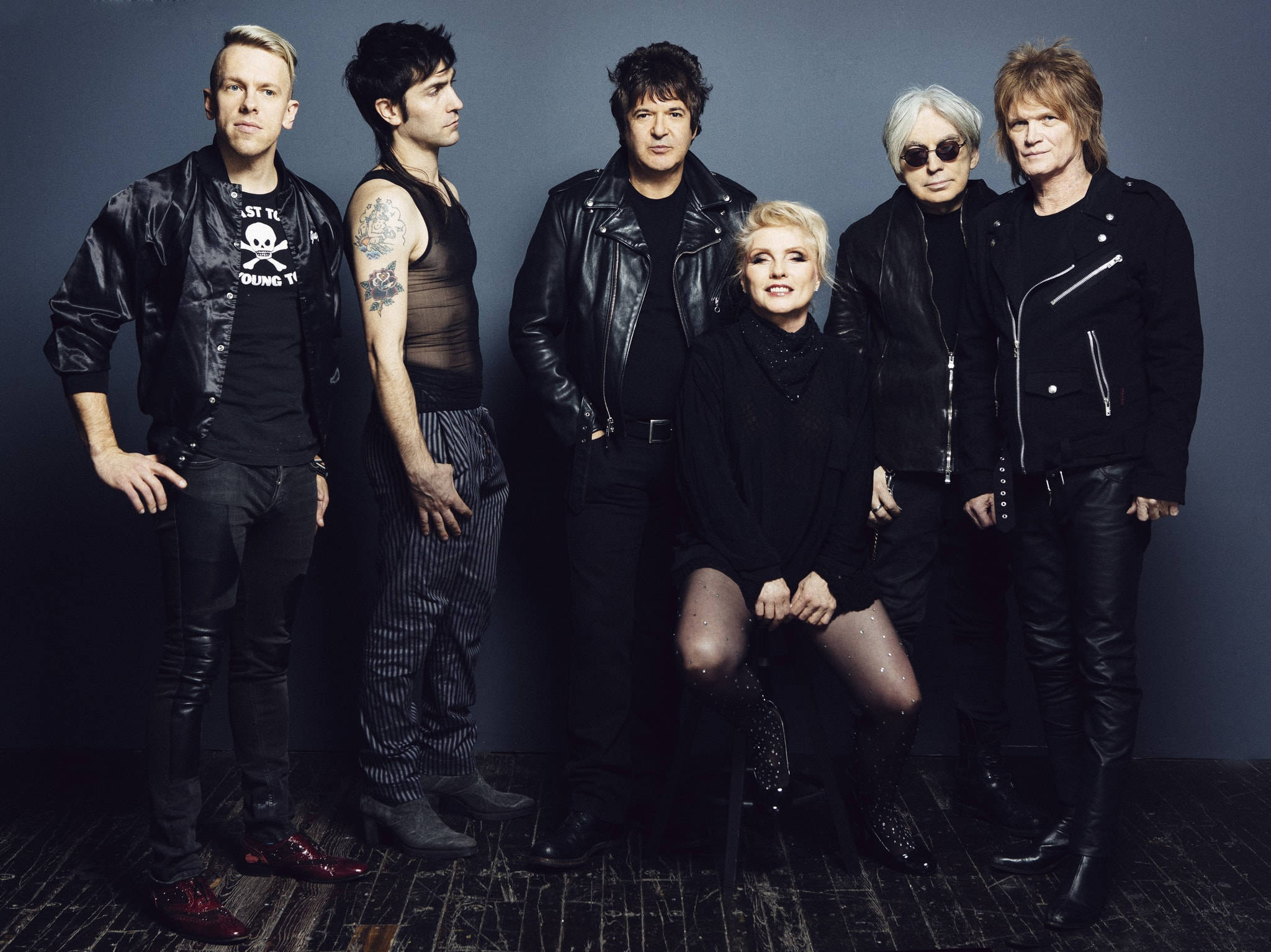 Blondie, black leather jackets, dark gray studio backdrop, Full HD Desktop Wallpaper