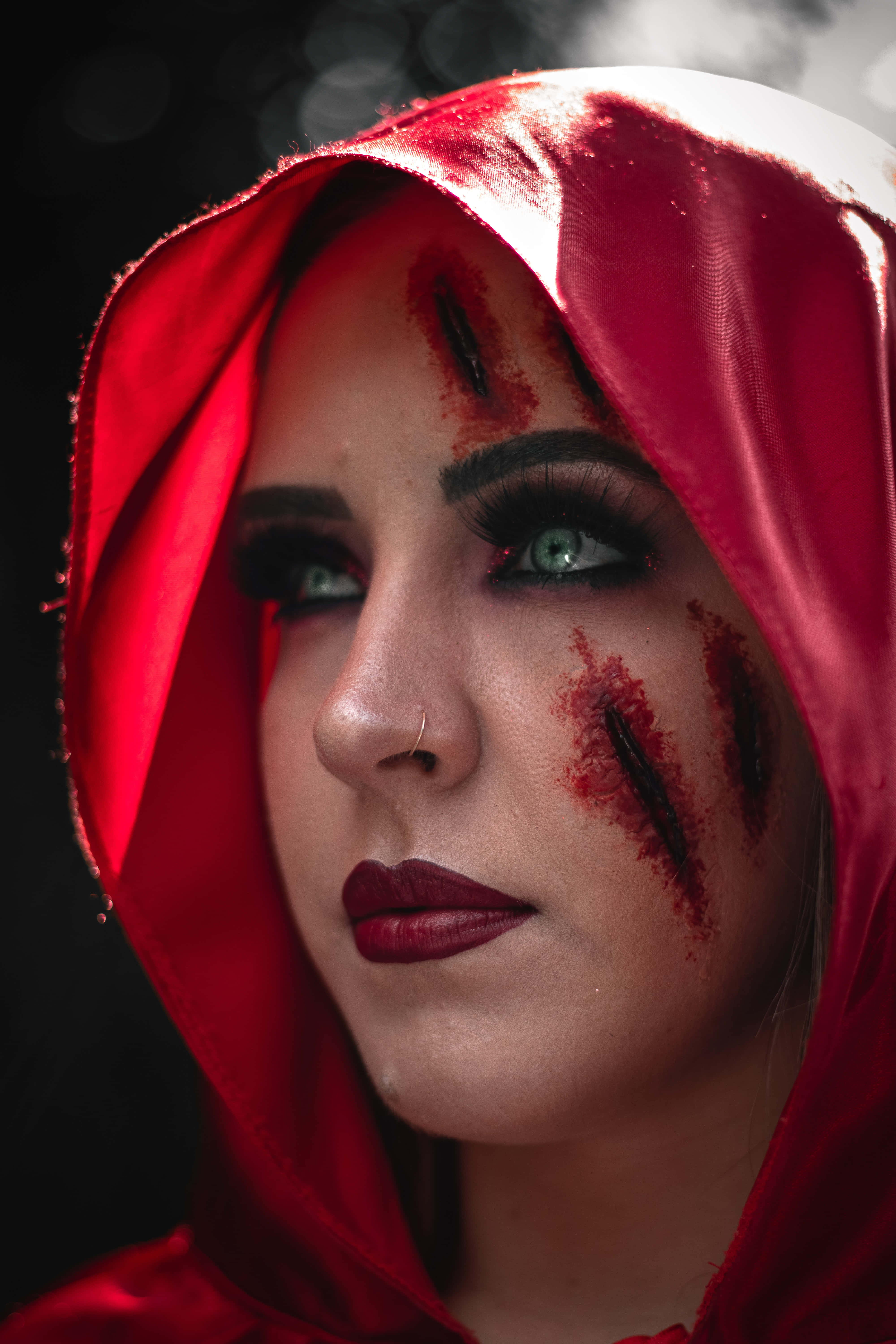 red riding hood makeup, red hooded cloak, dramatic blood makeup, 5K Phone Wallpaper