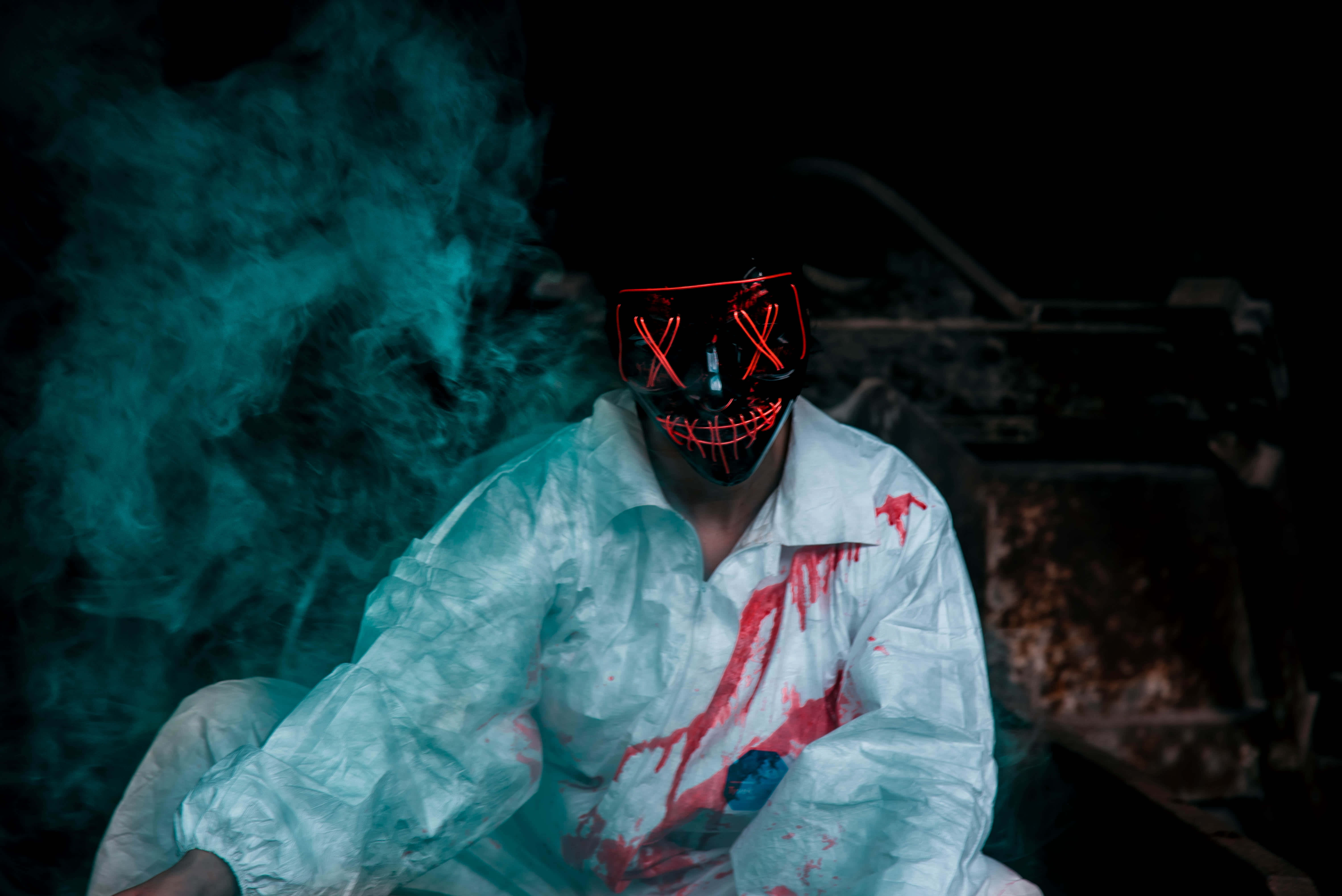 Blood Aesthetic, glowing red mask, bloodstained white suit, 5K Desktop Wallpaper
