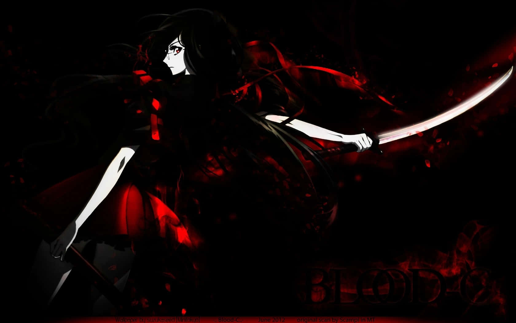 anime girl, glowing sword, red splatters, HD Desktop Wallpaper
