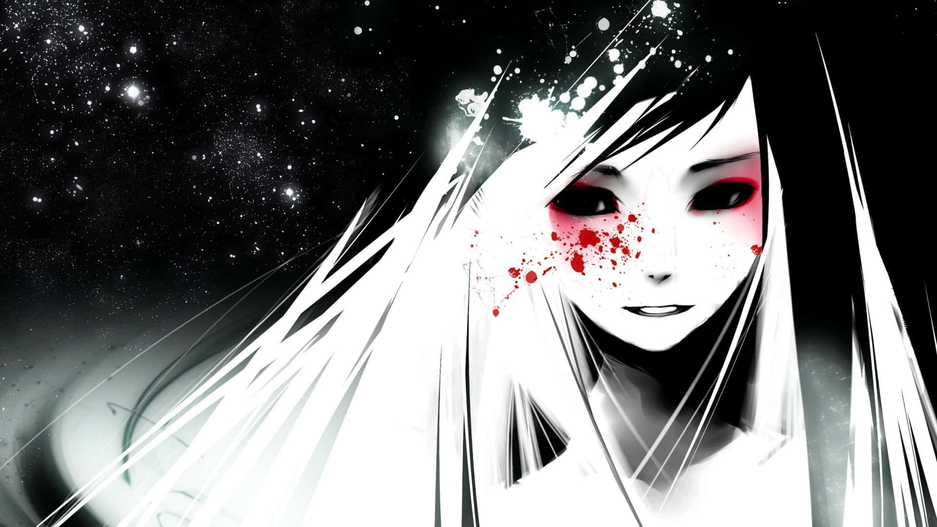 anime girl, white hair, red splatters, Full HD Desktop Wallpaper
