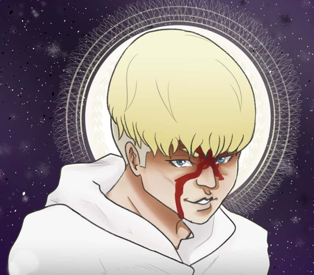 blonde anime character, blood streaming from his eye, starry cosmic backdrop, SD Desktop Wallpaper