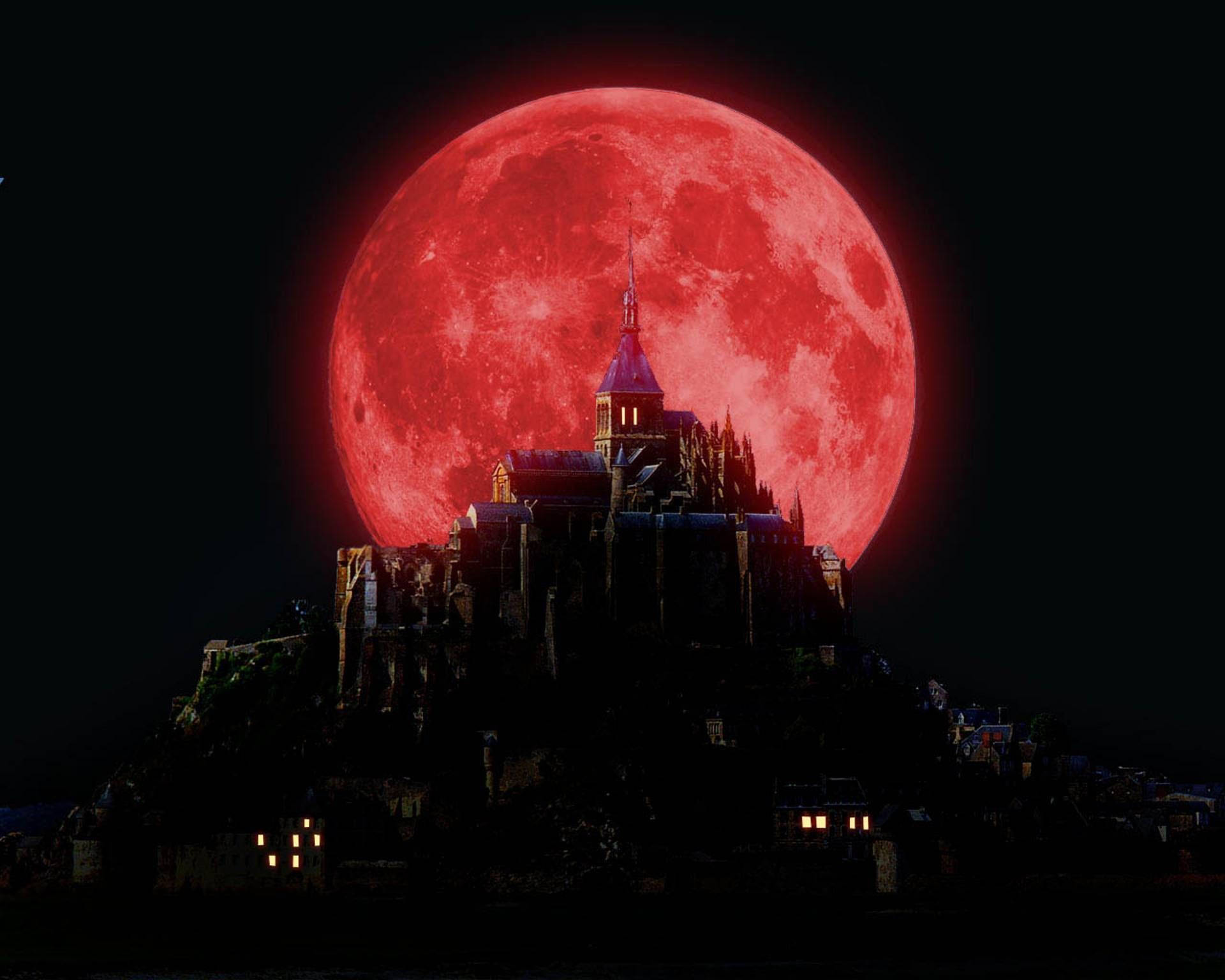 gothic abbey, rocky island, massive glowing red moon, Full HD Desktop Wallpaper