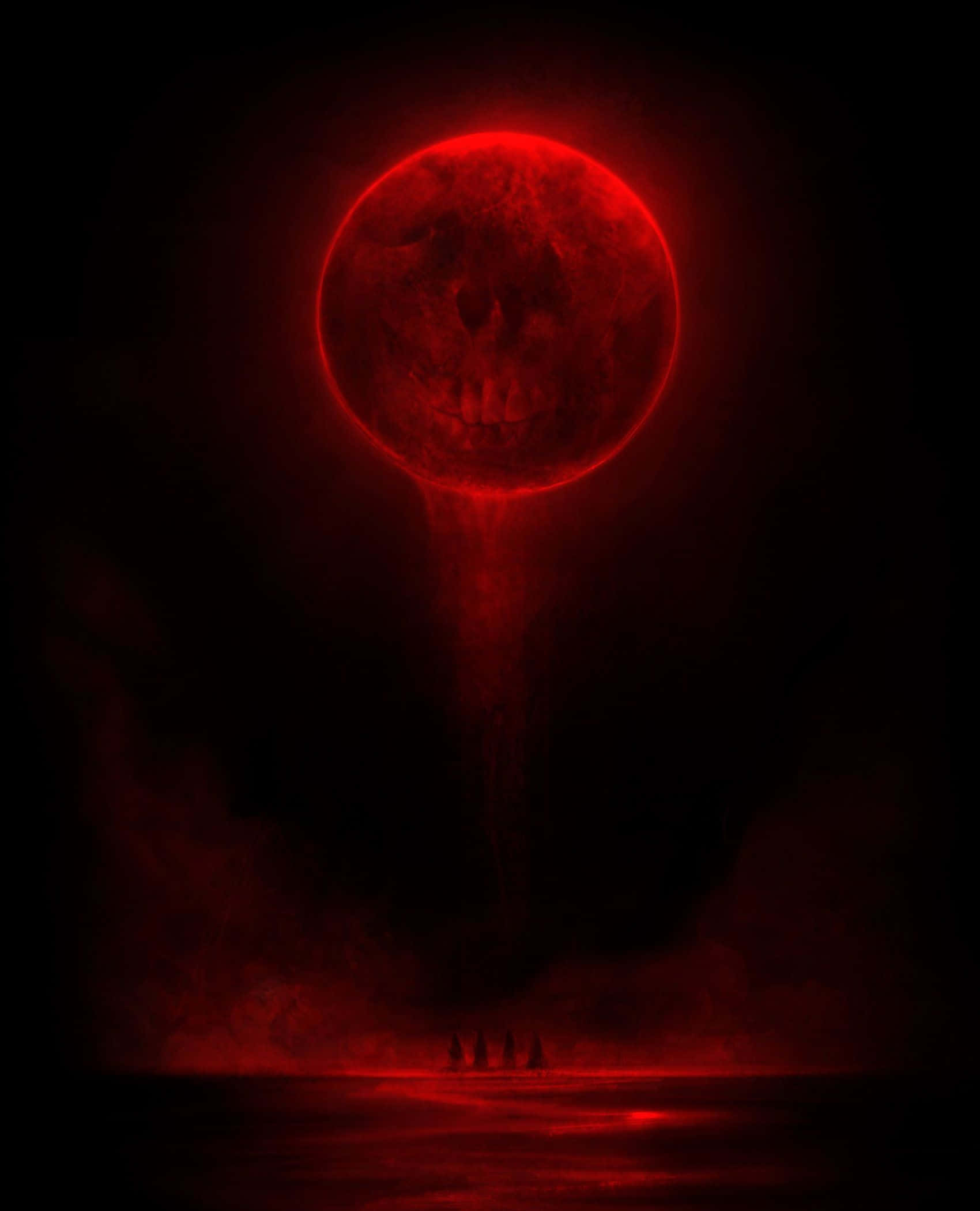 Neon Red Blood Moon, glowing red skull moon, dark landscape, Full HD Phone Wallpaper