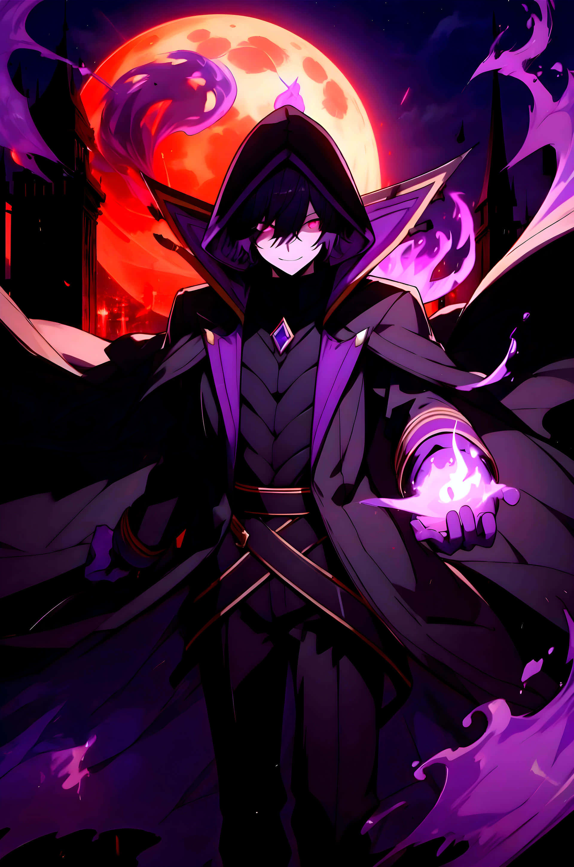 mysterious mage, blood moon, dark purple robe, 2K Phone Wallpaper