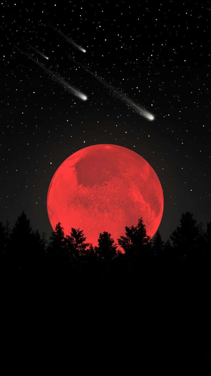 Blood Moon, shooting stars, forest silhouette, HD Phone Wallpaper