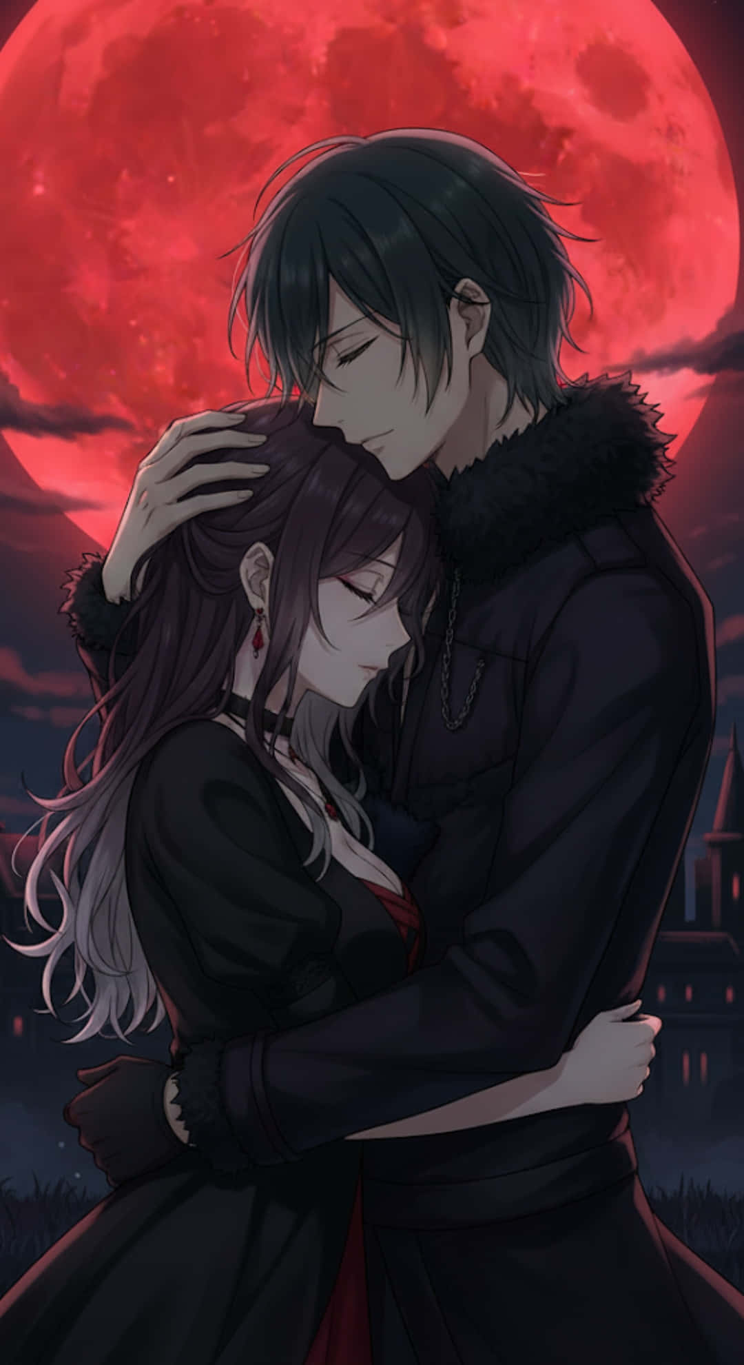 eternal embrace under blood moon, glowing red moon, dark silhouetted buildings, Full HD Phone Wallpaper