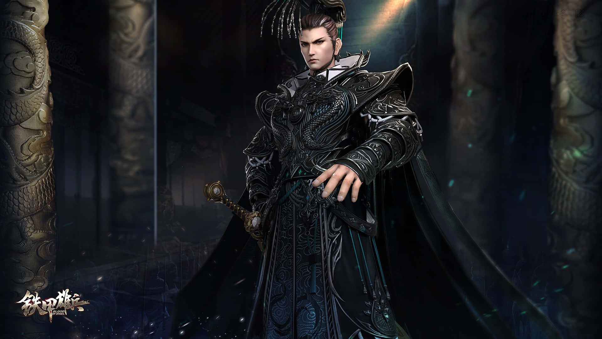 Blood Of Steel, darkly armored warrior, ornate black and teal armor, Full HD Desktop Wallpaper