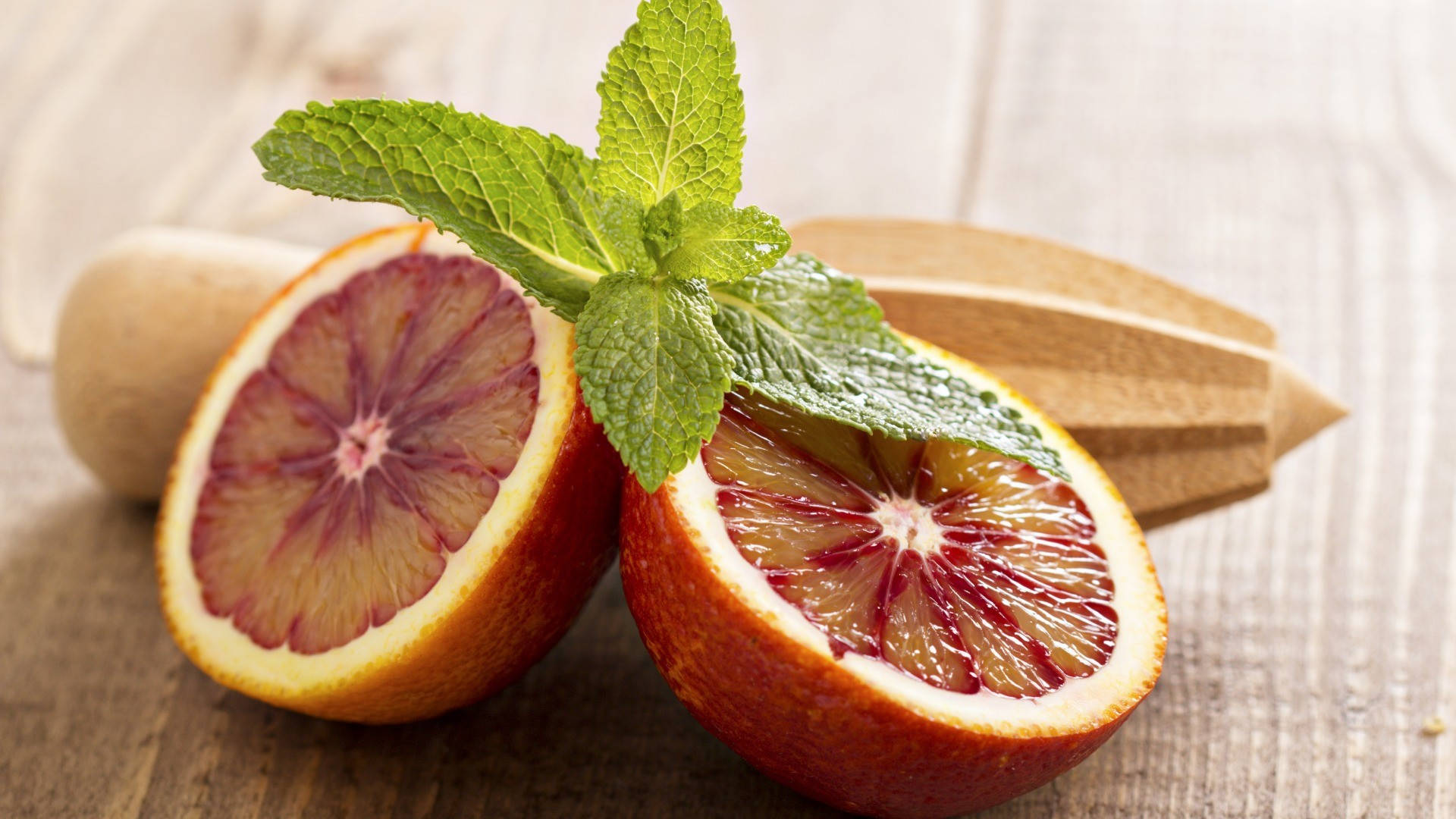 blood orange, vibrant red pulp, fresh mint leaves, Full HD Desktop Wallpaper