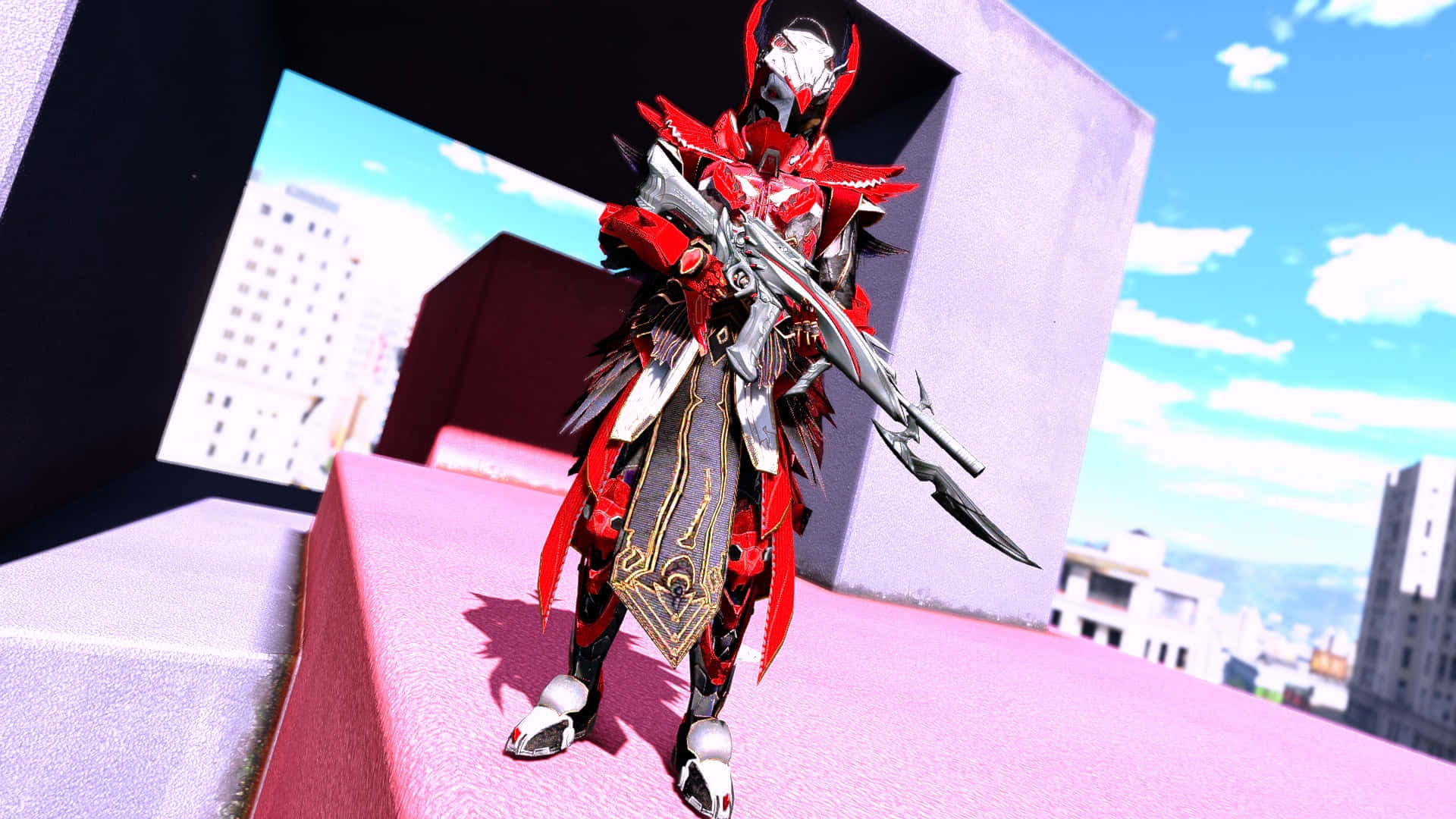 Blood Raven X Suit, urban warrior, red and silver armored warrior, Full HD Desktop Wallpaper