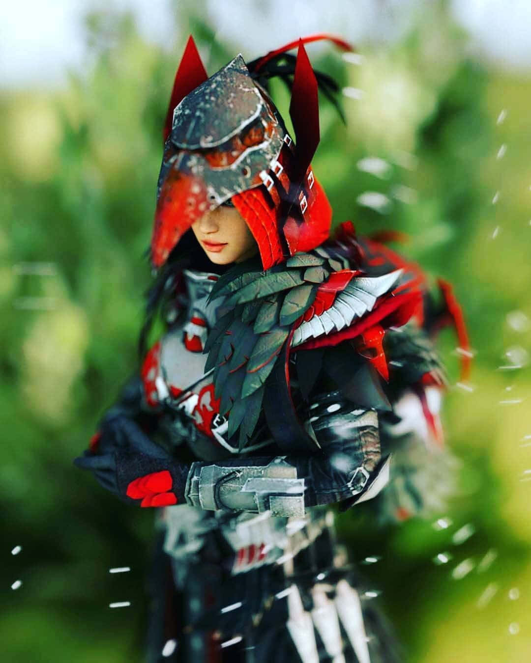Blood Raven X Suit, red and black feathered armor, birdlike helmet, HD Phone Wallpaper