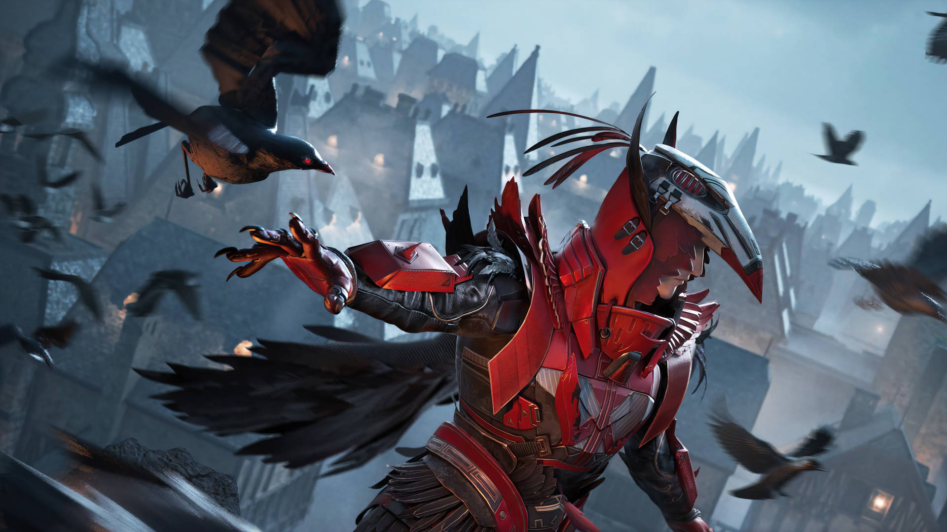 Blood Raven X Suit, red armored warrior, bird-like features, Full HD Desktop Wallpaper