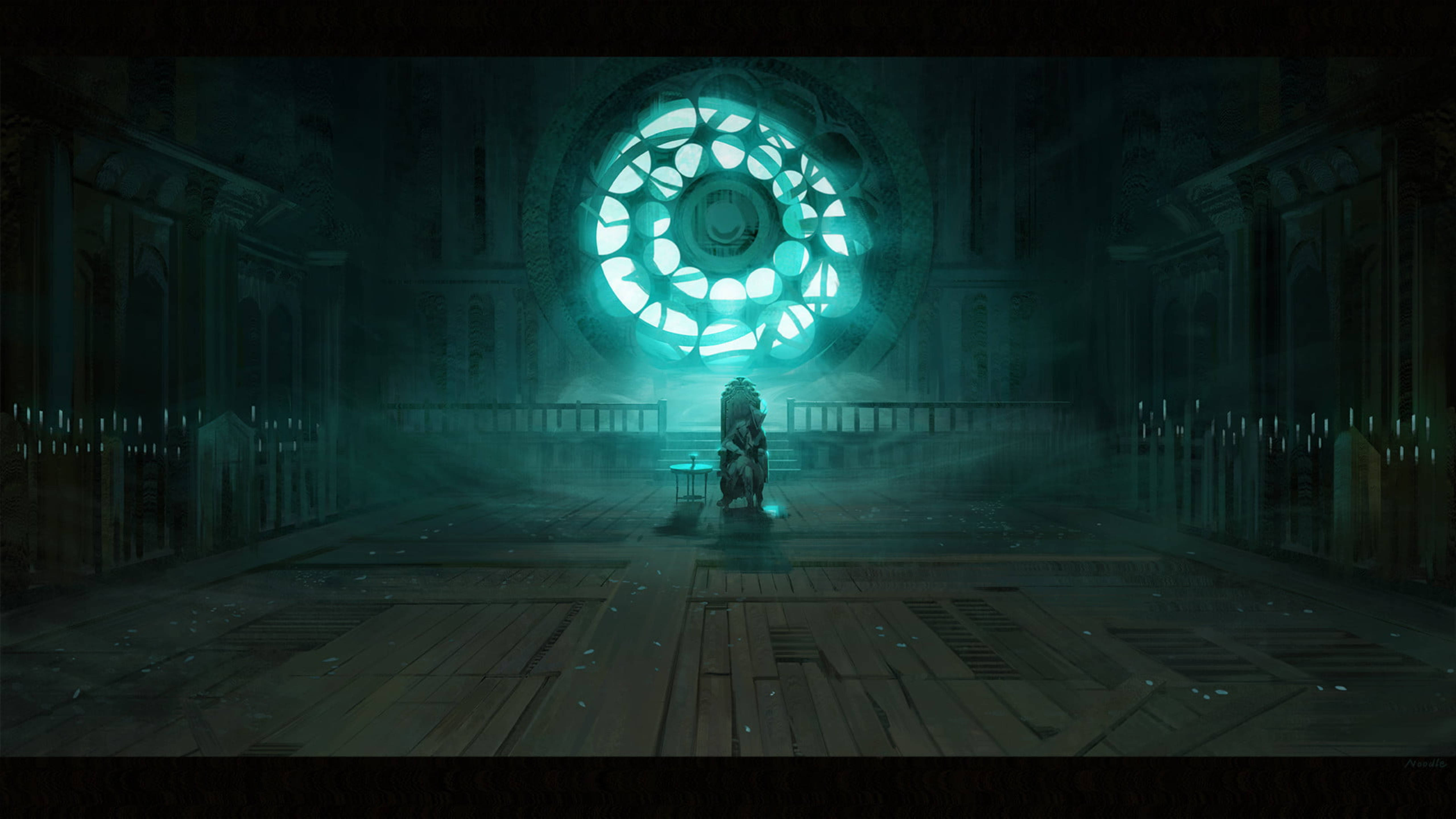 Bloodborne, clock tower, glowing teal rose window, 5K Desktop Wallpaper