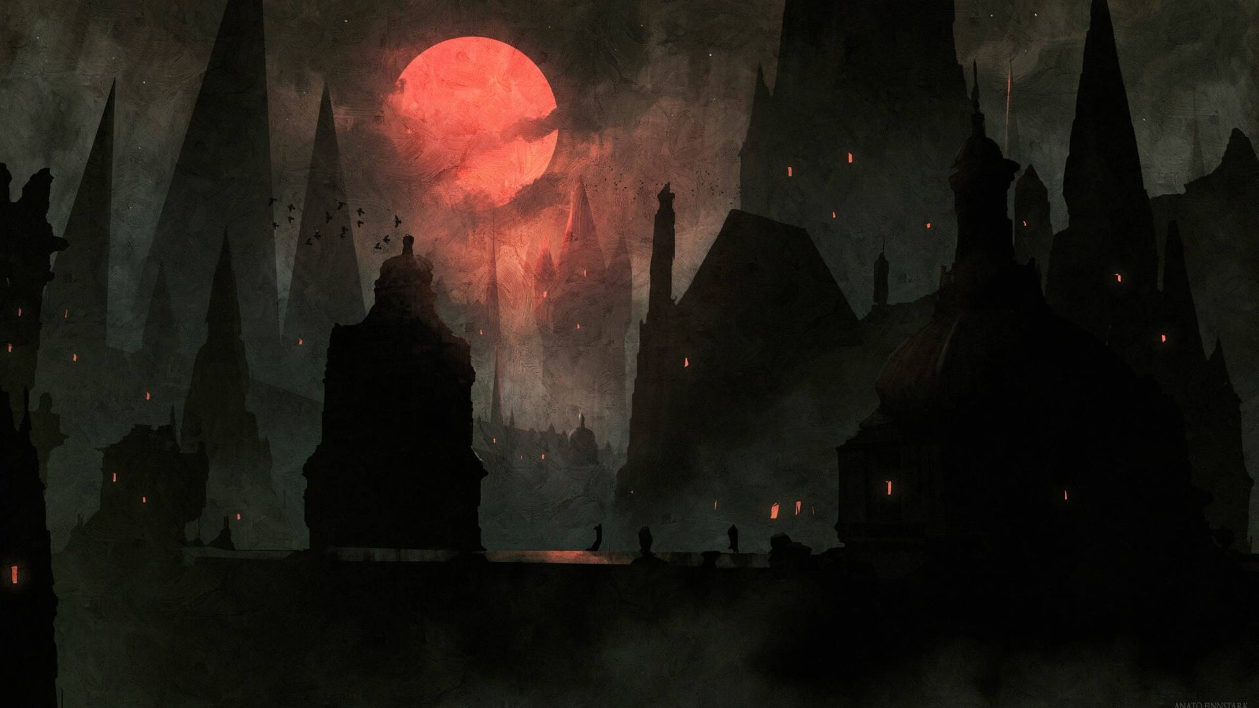 Bloodborne, blood moon, glowing red moon, 2K Desktop Wallpaper