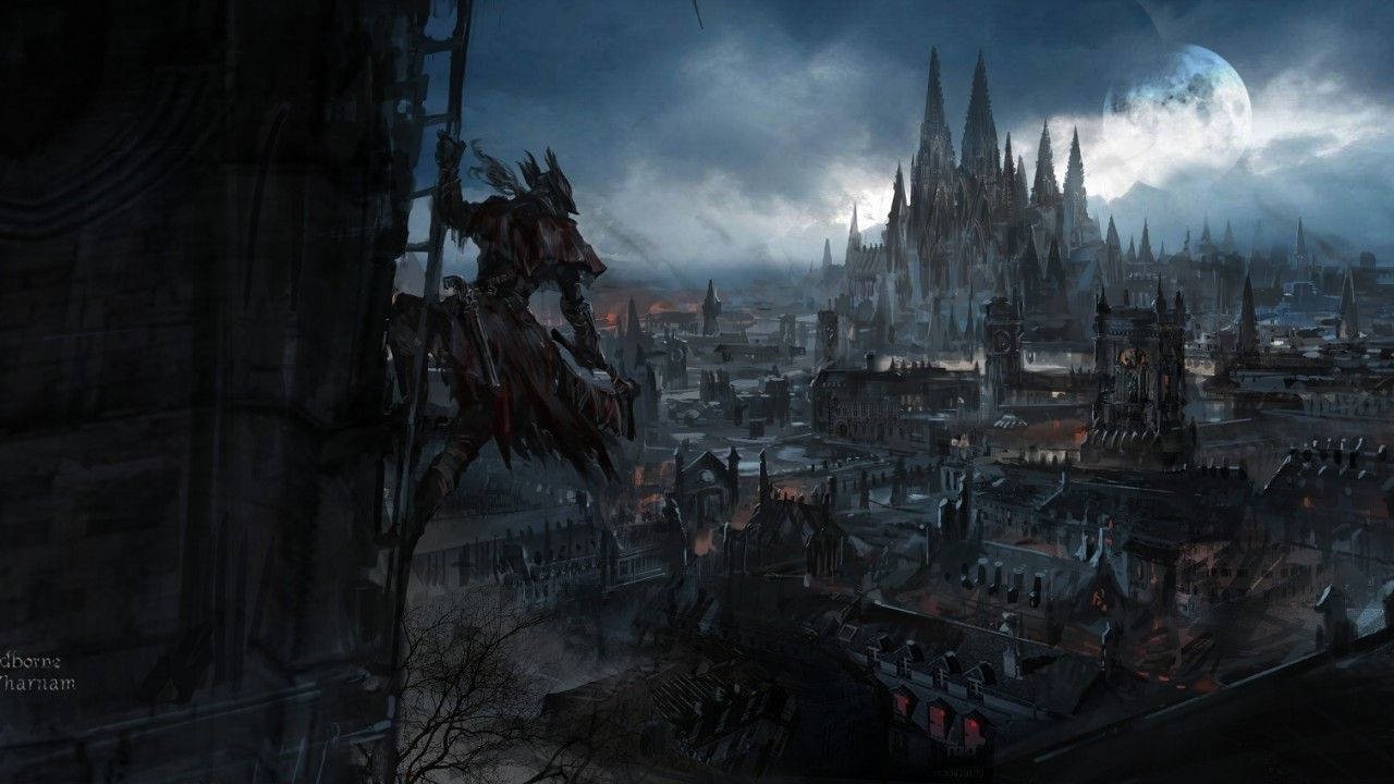 Bloodborne, gothic city, full moon, HD Desktop Wallpaper