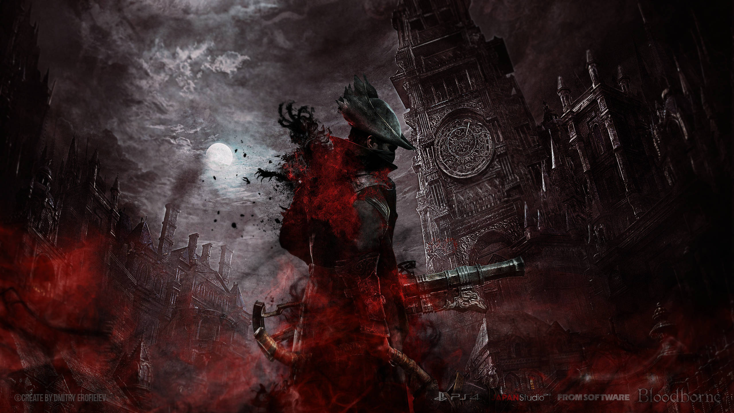 Bloodborne, hooded figure, red splatter, 2K Desktop Wallpaper