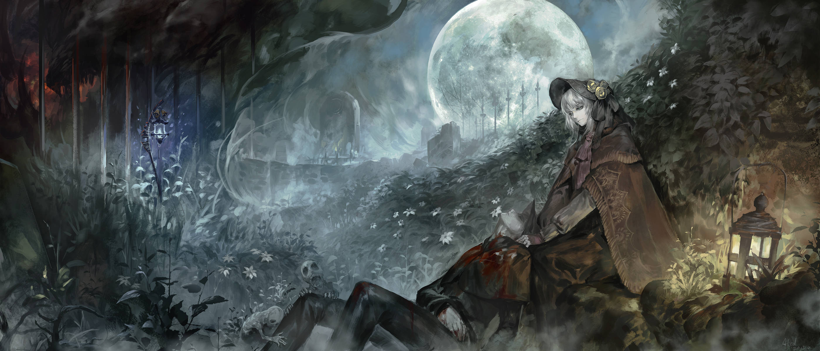 Bloodborne, cloaked figure, misty moonlit forest, 2K Desktop Wallpaper