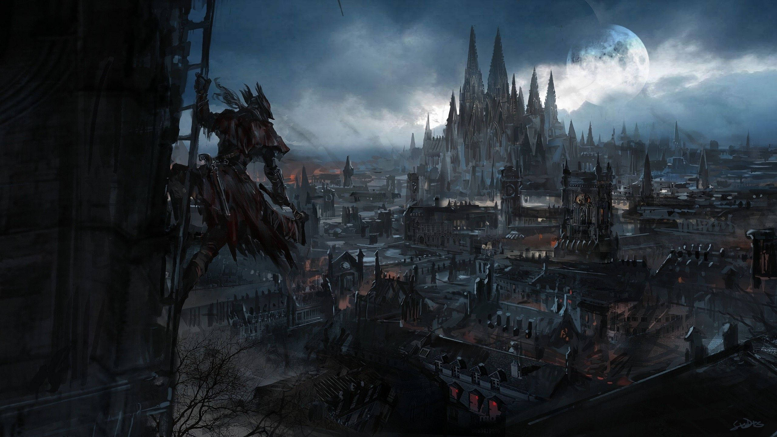 Bloodborne, crumbling tower, gothic cityscape, 2K Desktop Wallpaper