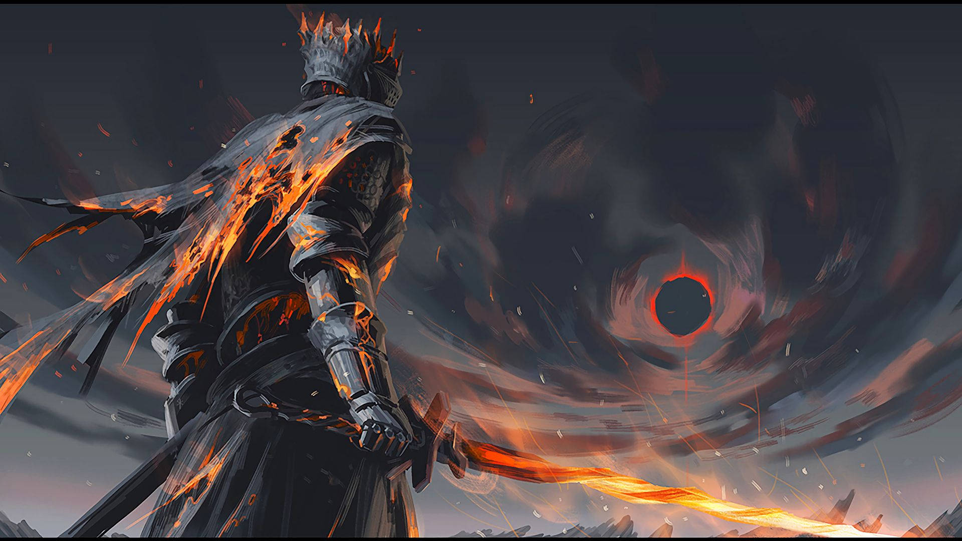 Bloodborne, knight in dark armor, fiery flames, Full HD Desktop Wallpaper