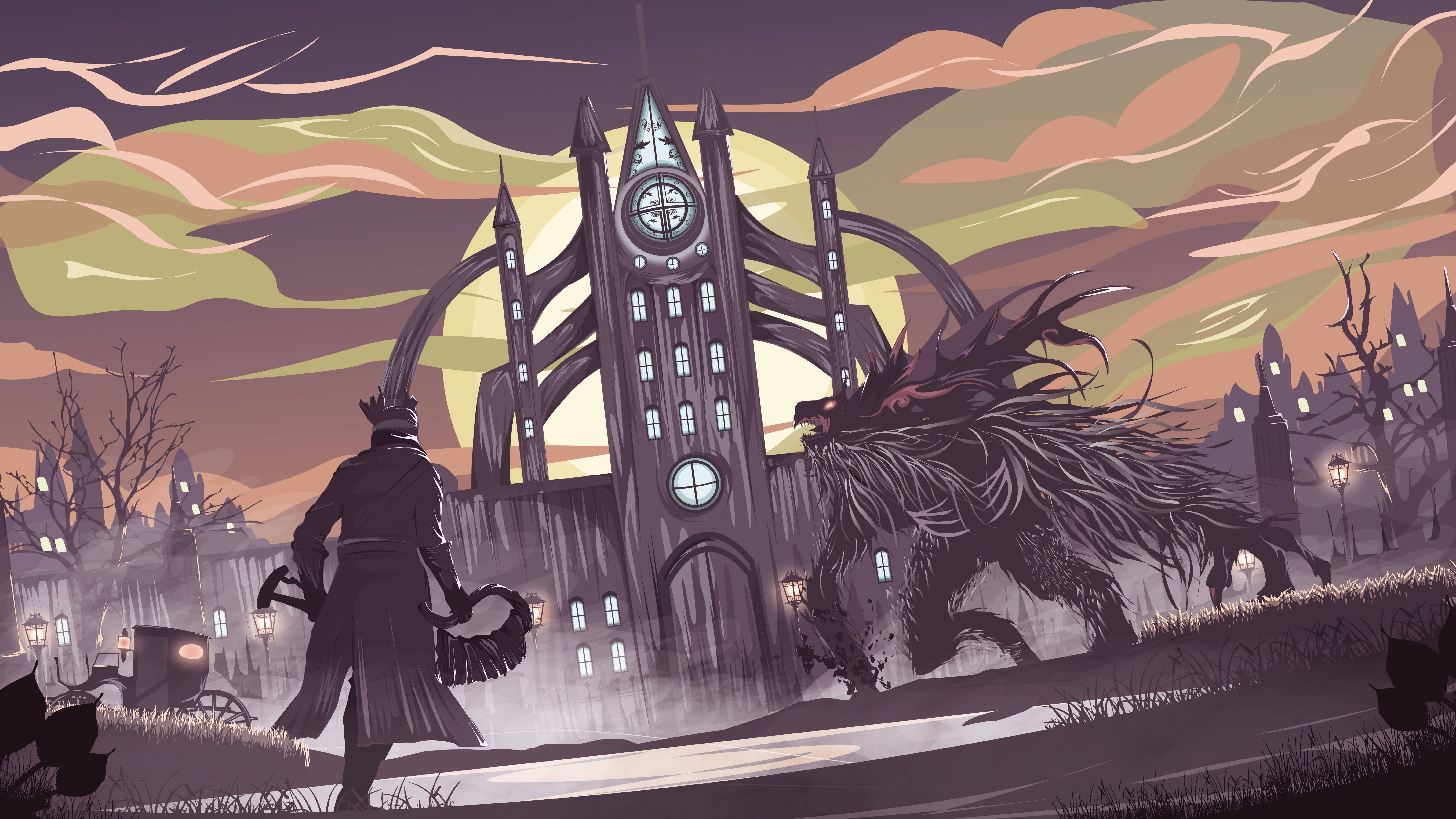 Bloodborne, gothic clock tower, monstrous beast, 8K Desktop Wallpaper