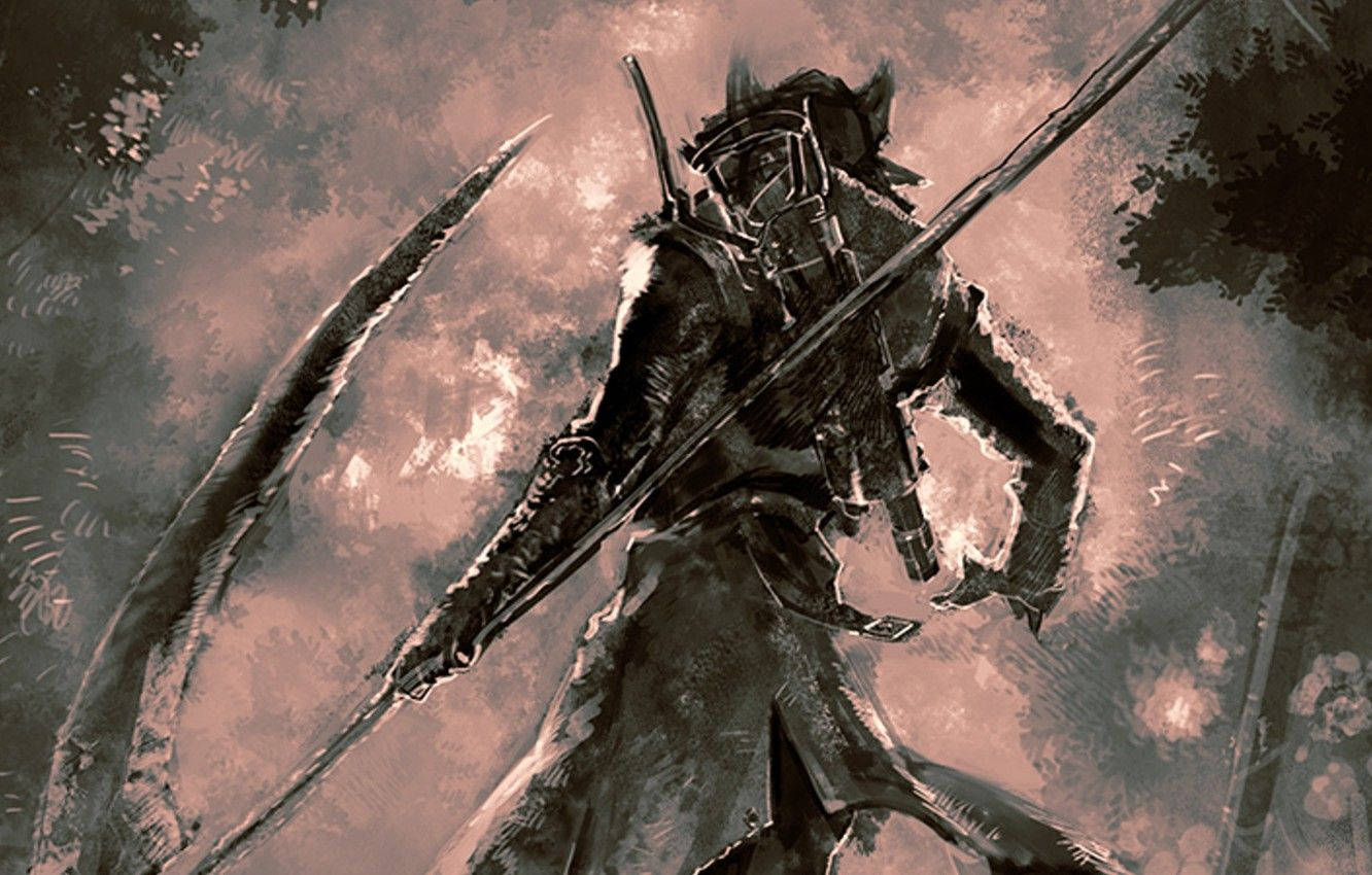 Bloodborne, dual swords, stormy pink and gray sky, HD Desktop Wallpaper