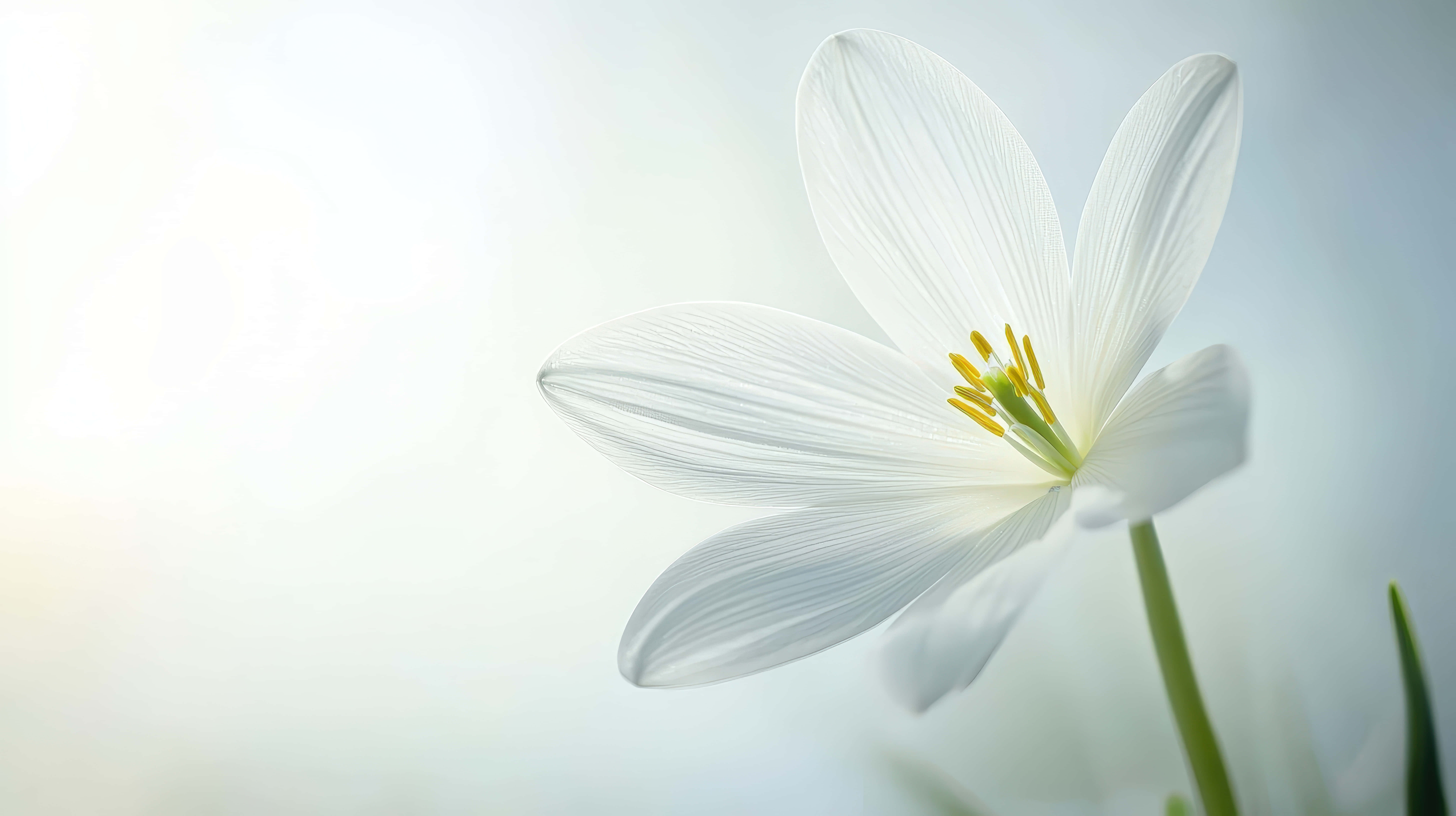 delicate white flower, yellow center, soft natural light, 8K Desktop Wallpaper