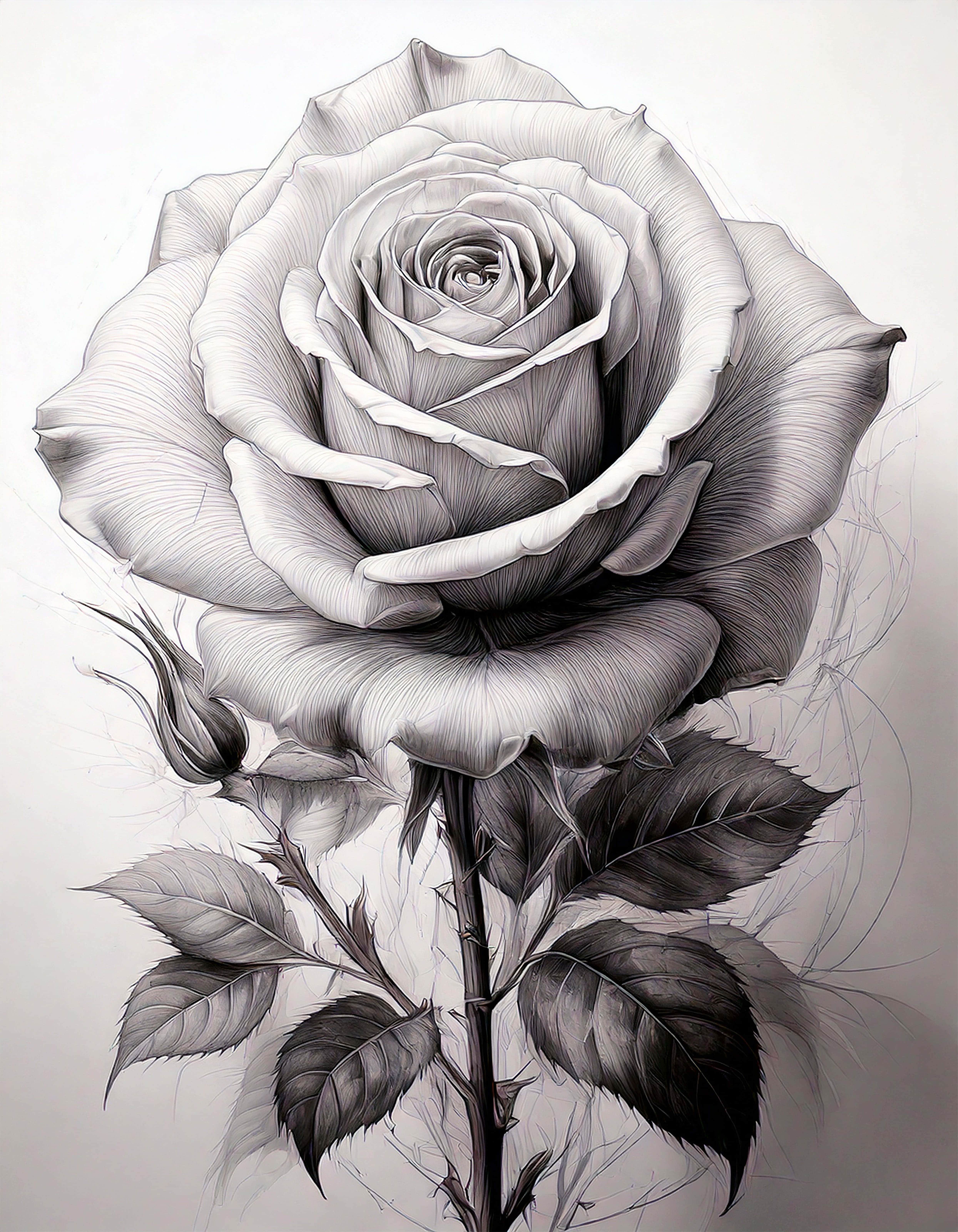 floral bloom, blooming rose, grayscale pencil drawing, 5K Phone Wallpaper