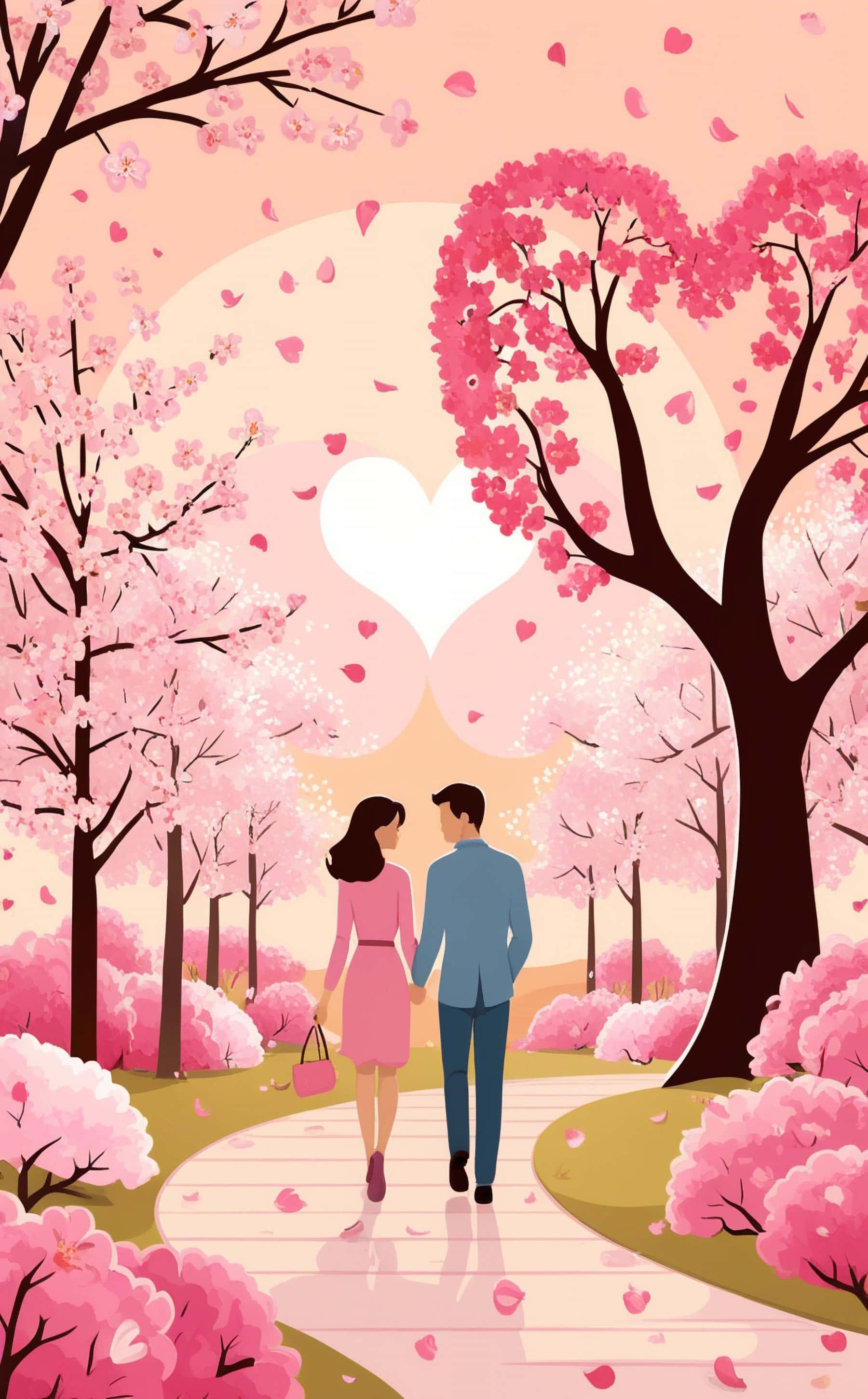 blooming cherry trees, shaped like hearts, falling petals, 2K Phone Wallpaper