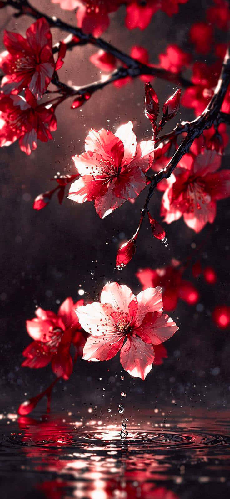red flowers, cherry blossoms, dark branches, HD Phone Wallpaper