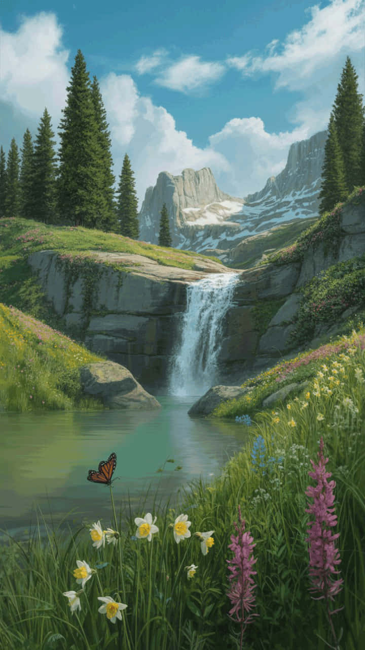 tranquil mountain waterfall, wildflowers, butterfly, HD Phone Wallpaper