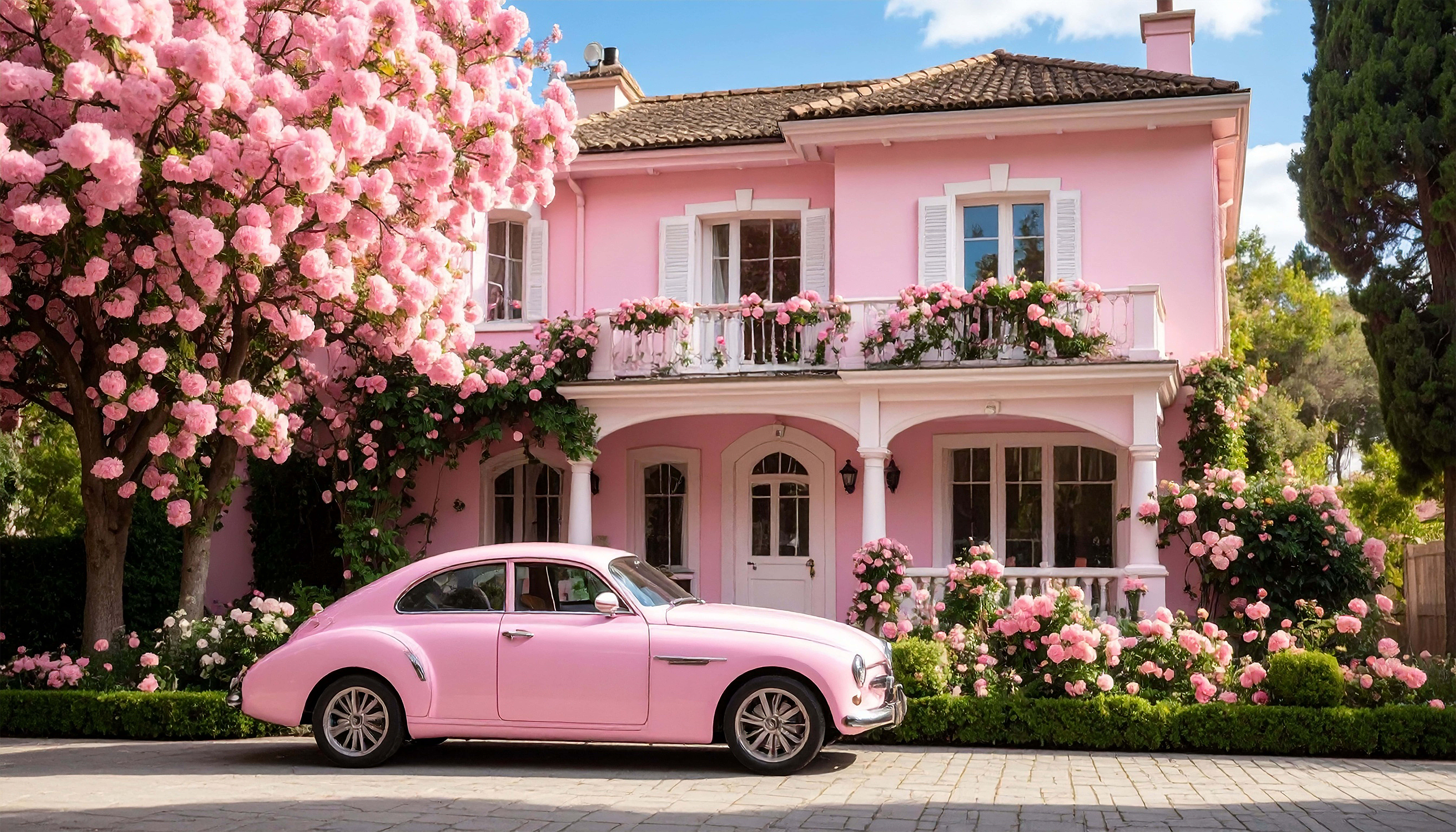 vintage pink car, pastel pink house, blooming pink roses, 8K Desktop Wallpaper