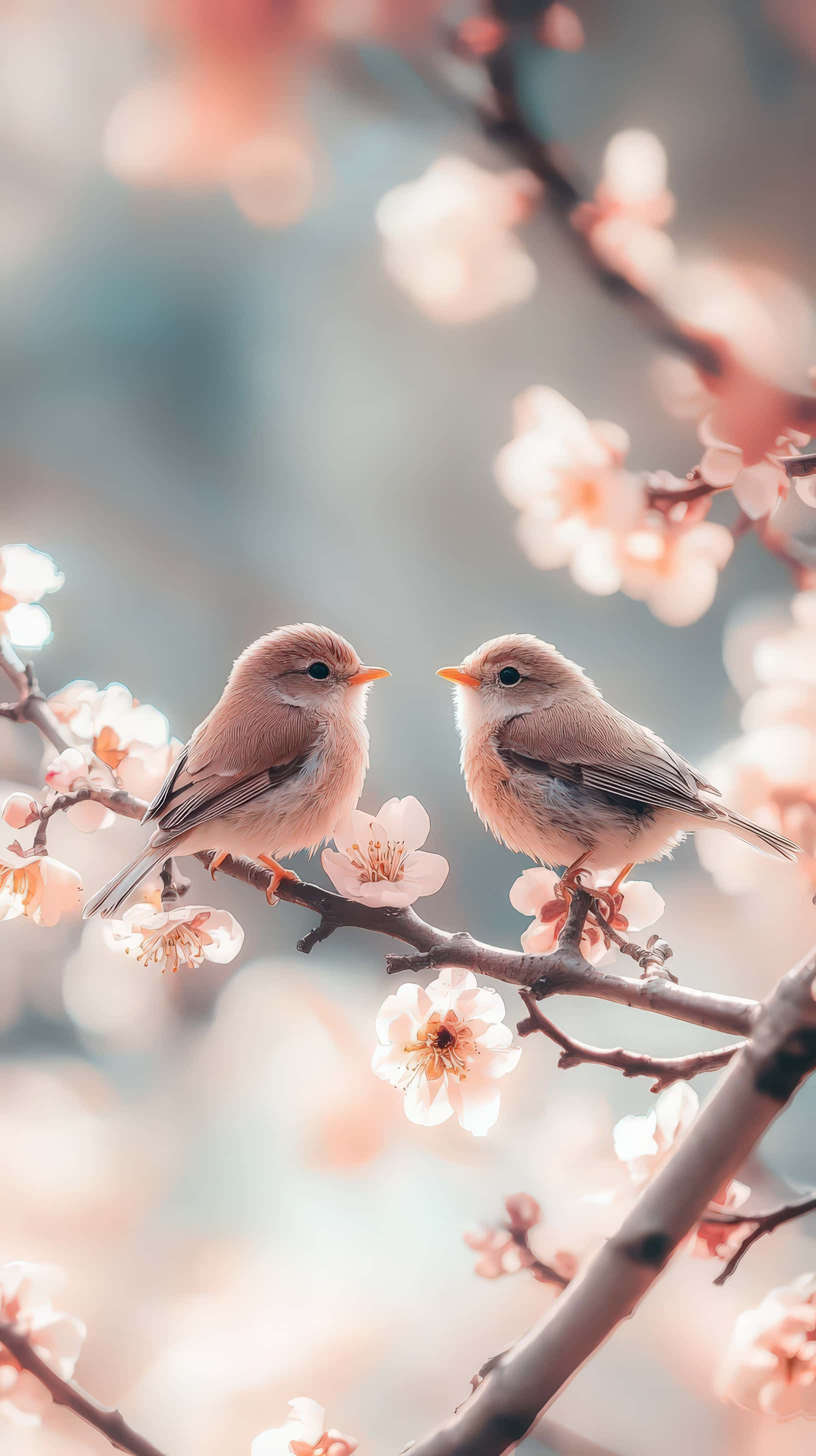 cherry blossom tree, delicate pink flowers, two small birds, 2K Phone Wallpaper