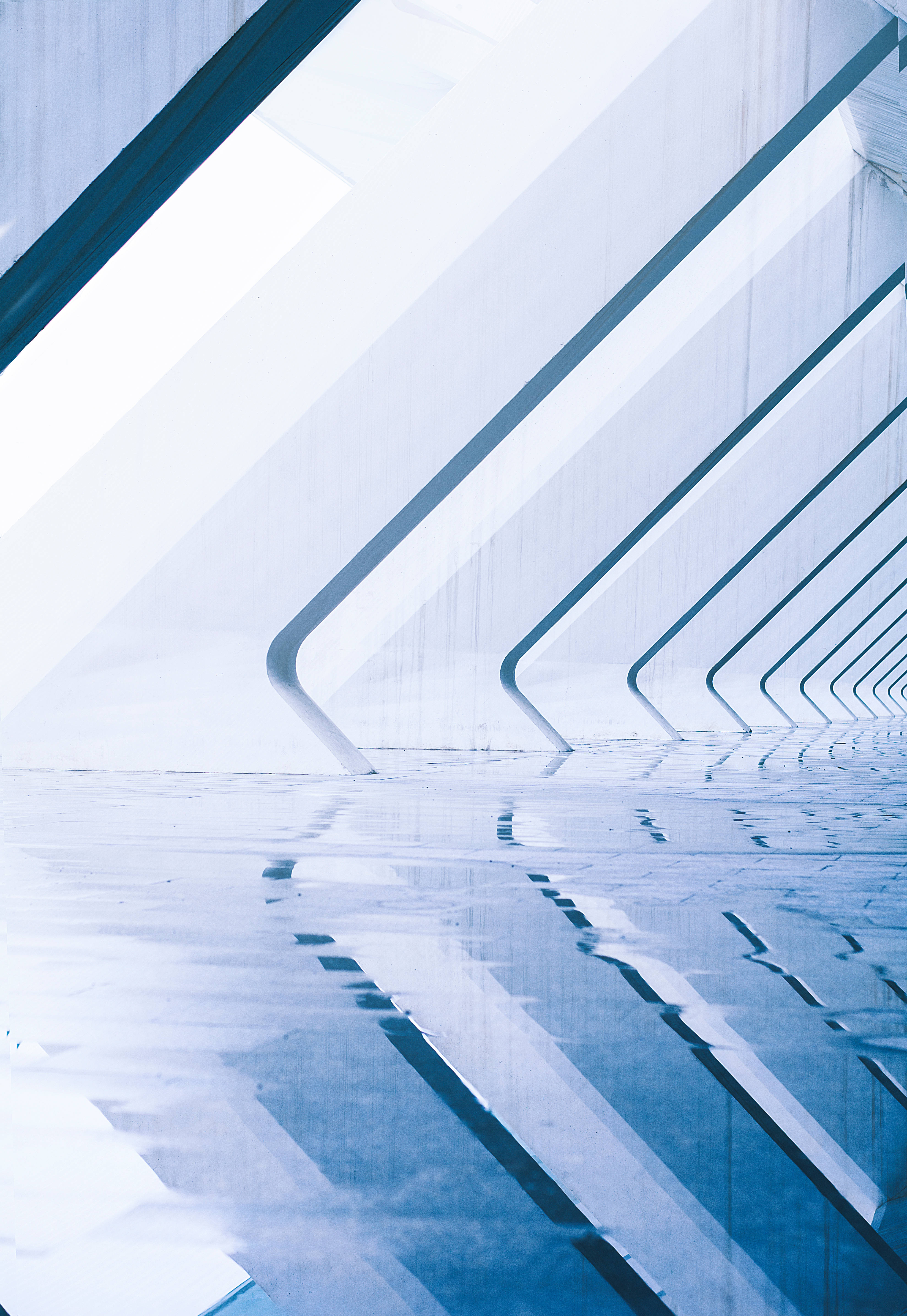 Blue Abstract, futuristic architectural corridor, sharp blue and white geometric lines, 5K Phone Wallpaper