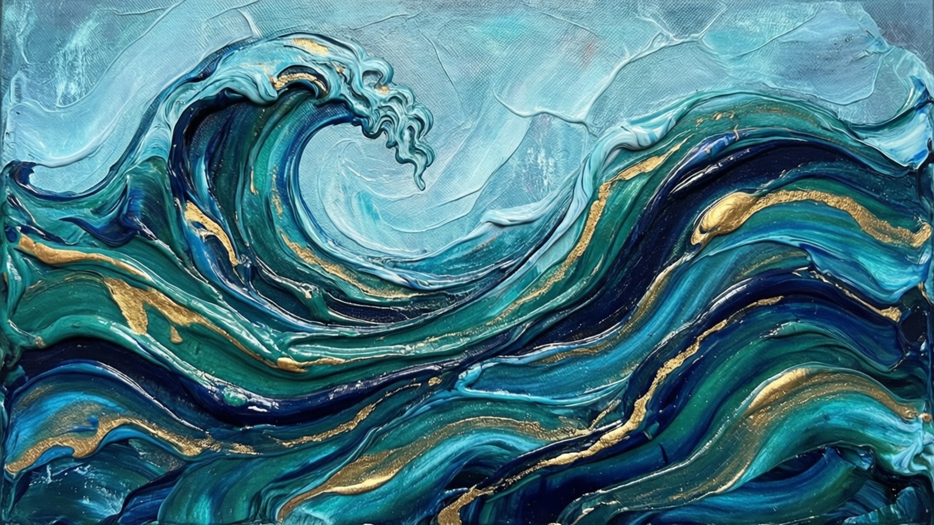 Oceanic Flow, teal blue, gold, Full HD Desktop Wallpaper