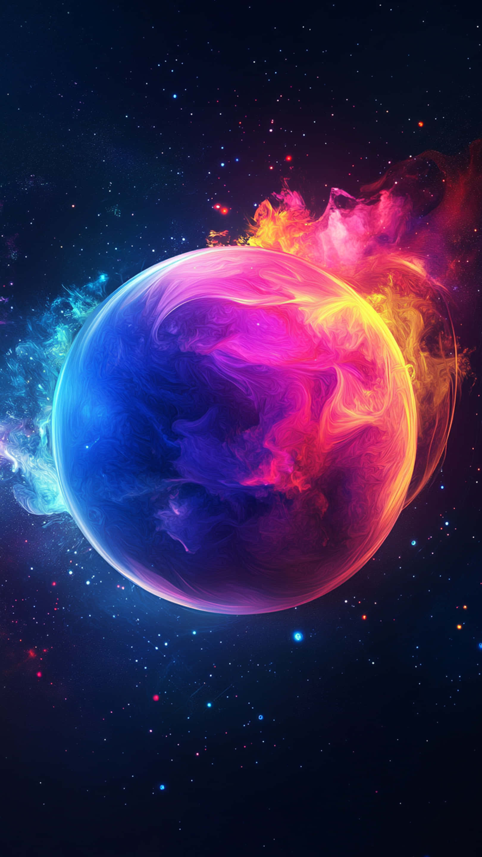 cosmic sphere, swirling magenta and cyan nebulae, starfield backdrop, 2K Phone Wallpaper