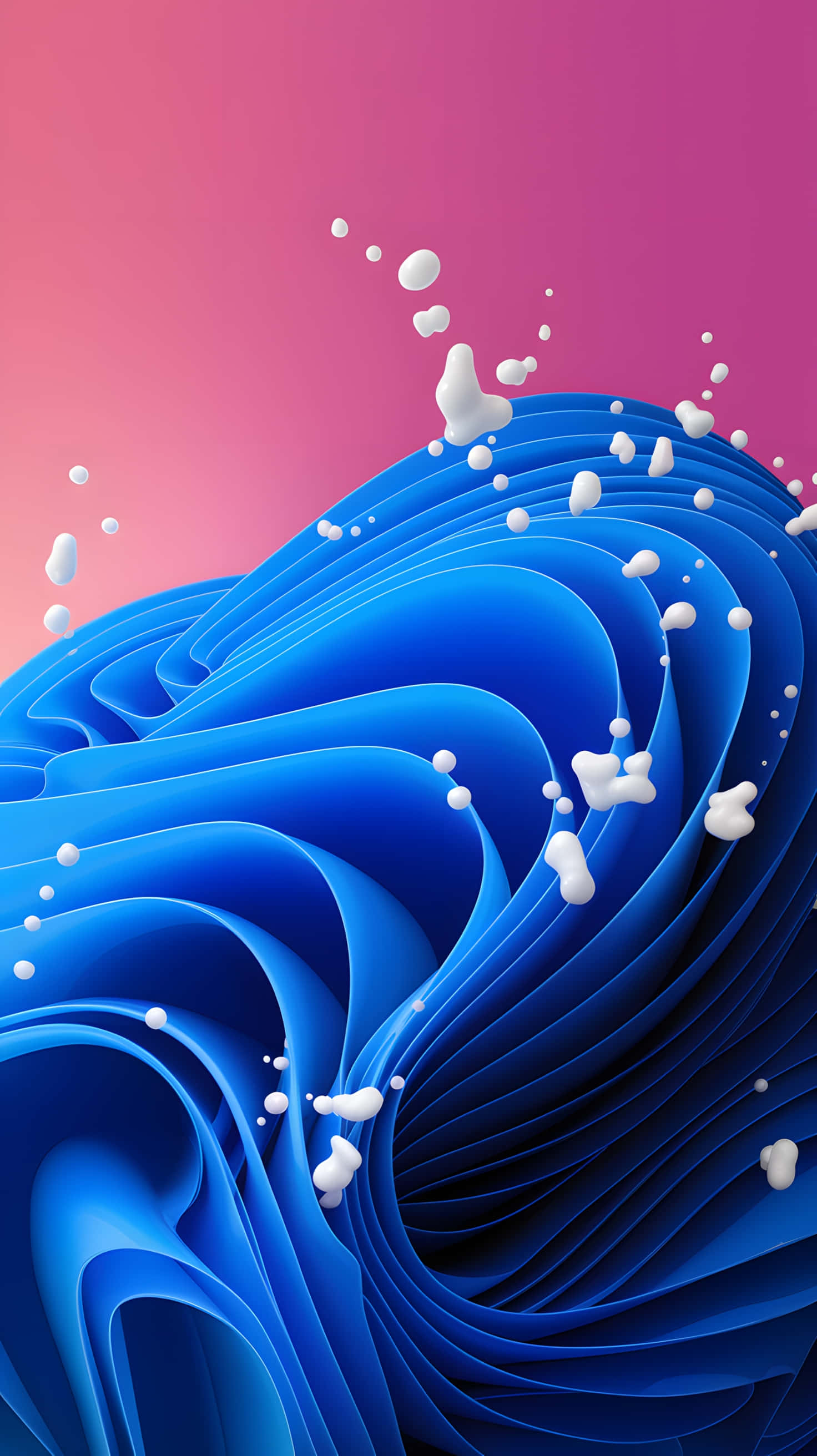 blue wave, white droplets, soft pink gradient background, 2K Phone Wallpaper