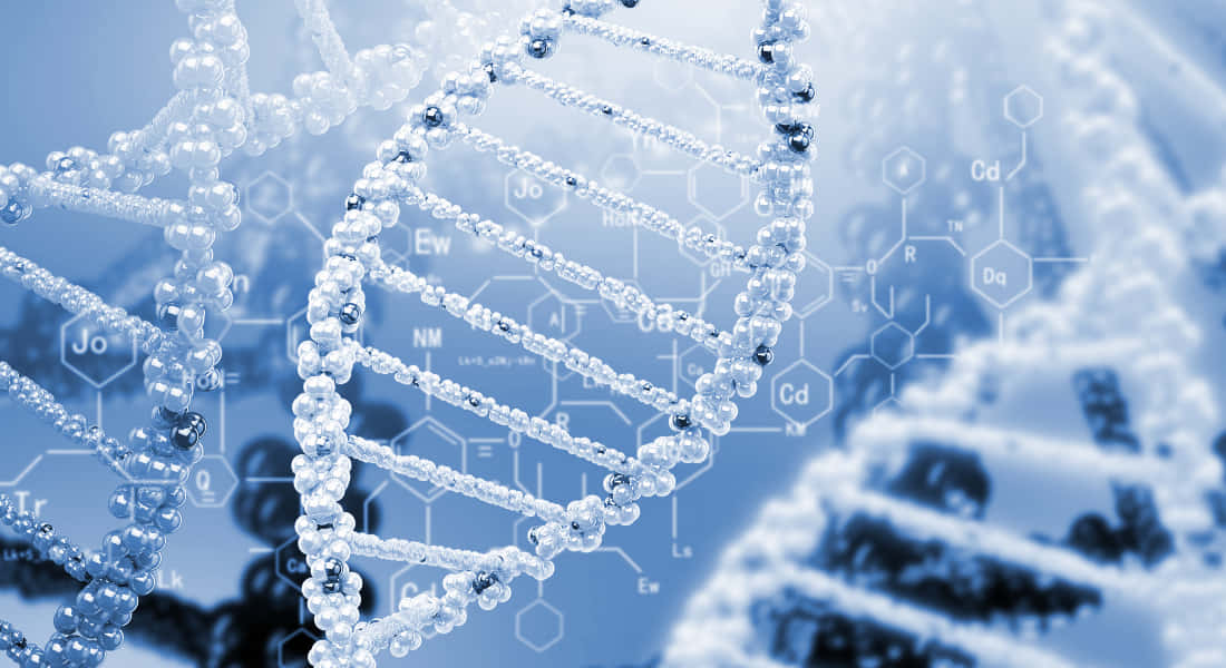 Precise DNA Model, glowing blue DNA double helix, chemical formulas, SD Desktop Wallpaper
